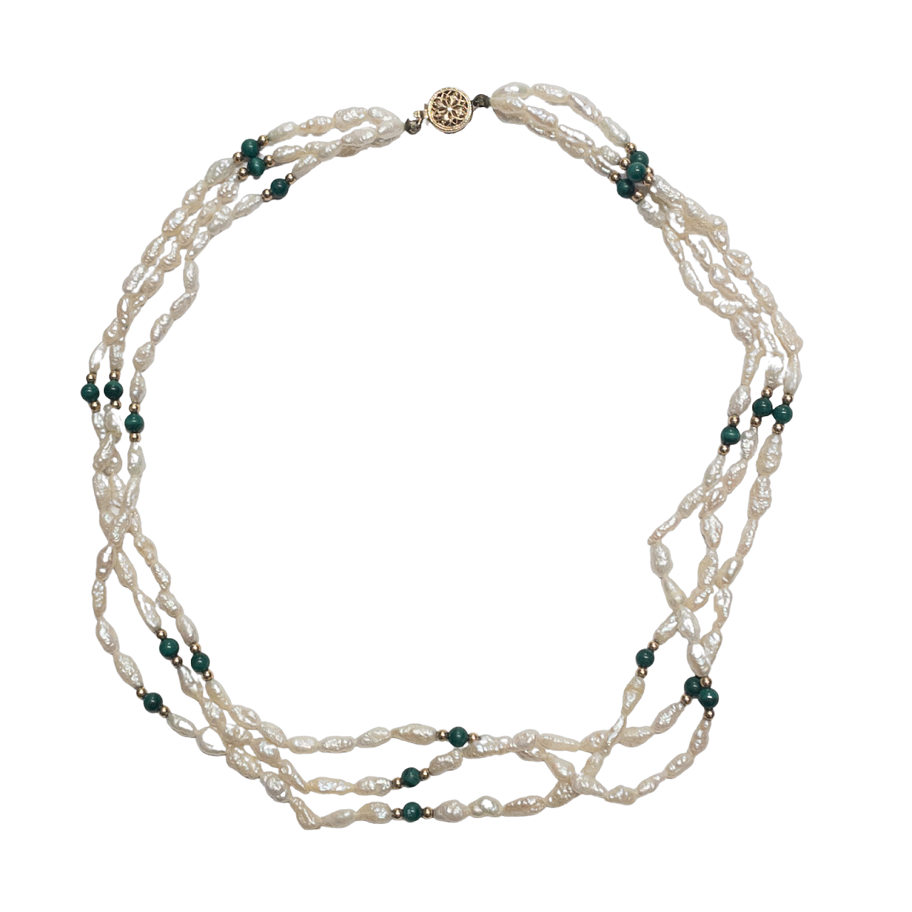 Freshwater Pearl, Malachite & 14K Gold Triple Strand Necklace