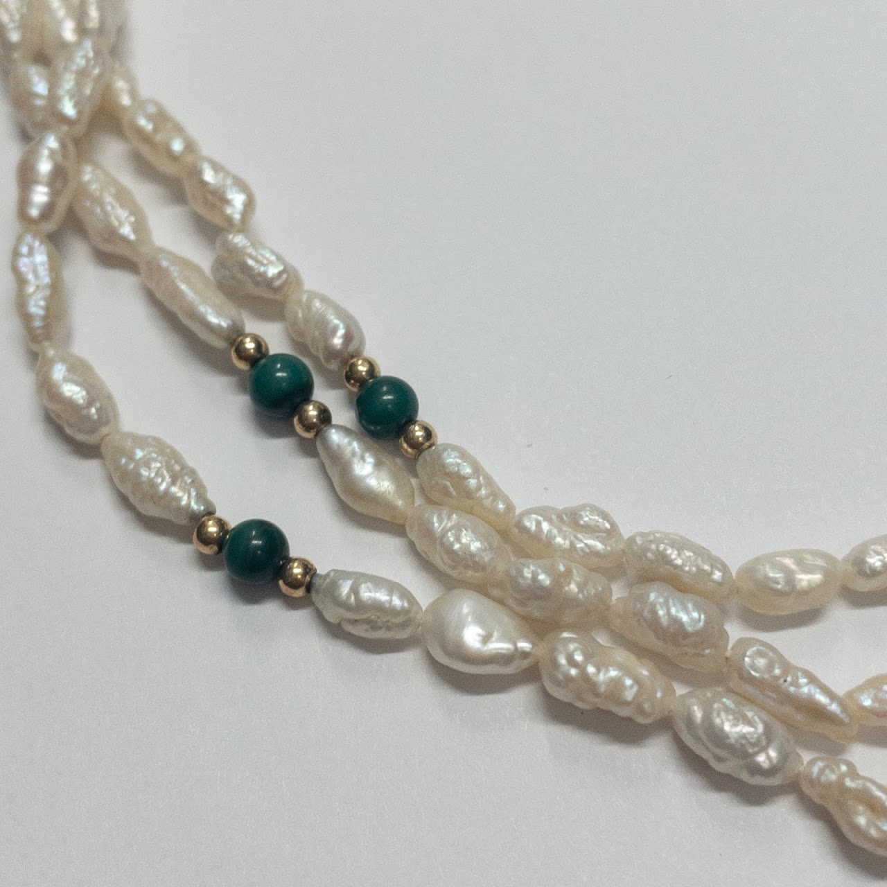 Freshwater Pearl, Malachite & 14K Gold Triple Strand Necklace