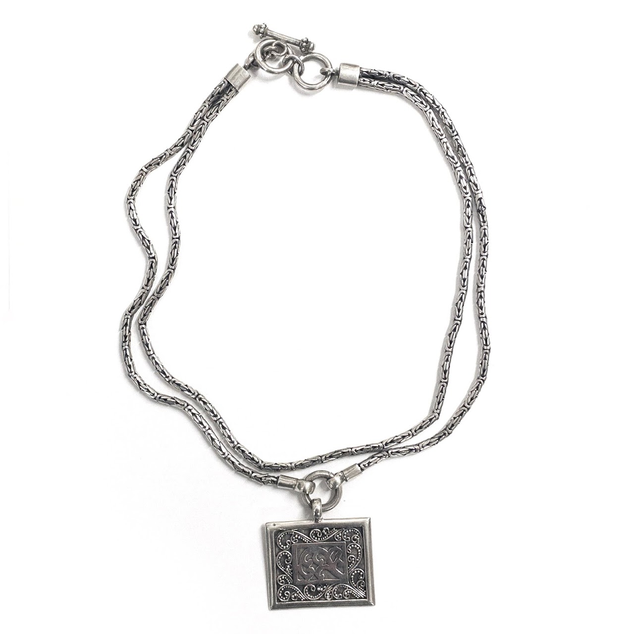 Sterling Silver Double Chain Square Pendant Necklace