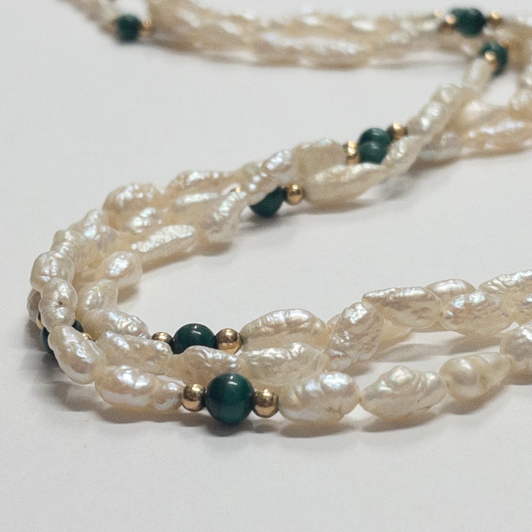 Freshwater Pearl, Malachite & 14K Gold Triple Strand Necklace