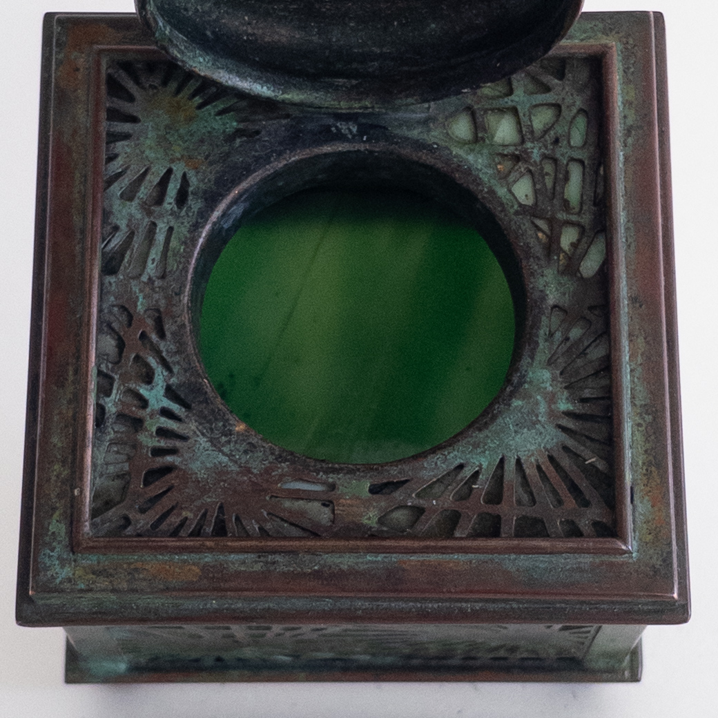 Tiffany Studios Antique Number 845 Pine Needle Bronze  Favrile Glass Inkwell