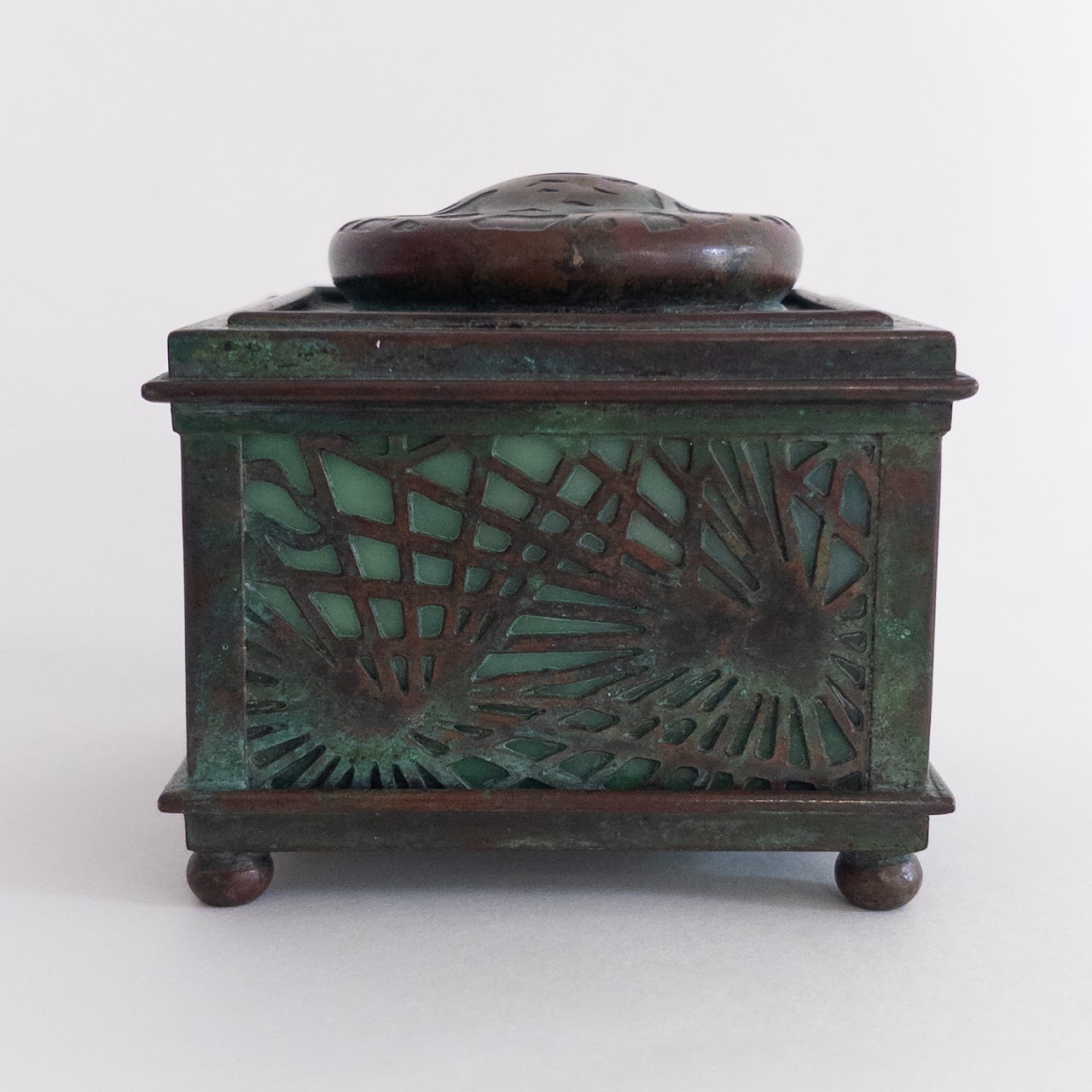 Tiffany Studios Antique Number 845 Pine Needle Bronze  Favrile Glass Inkwell