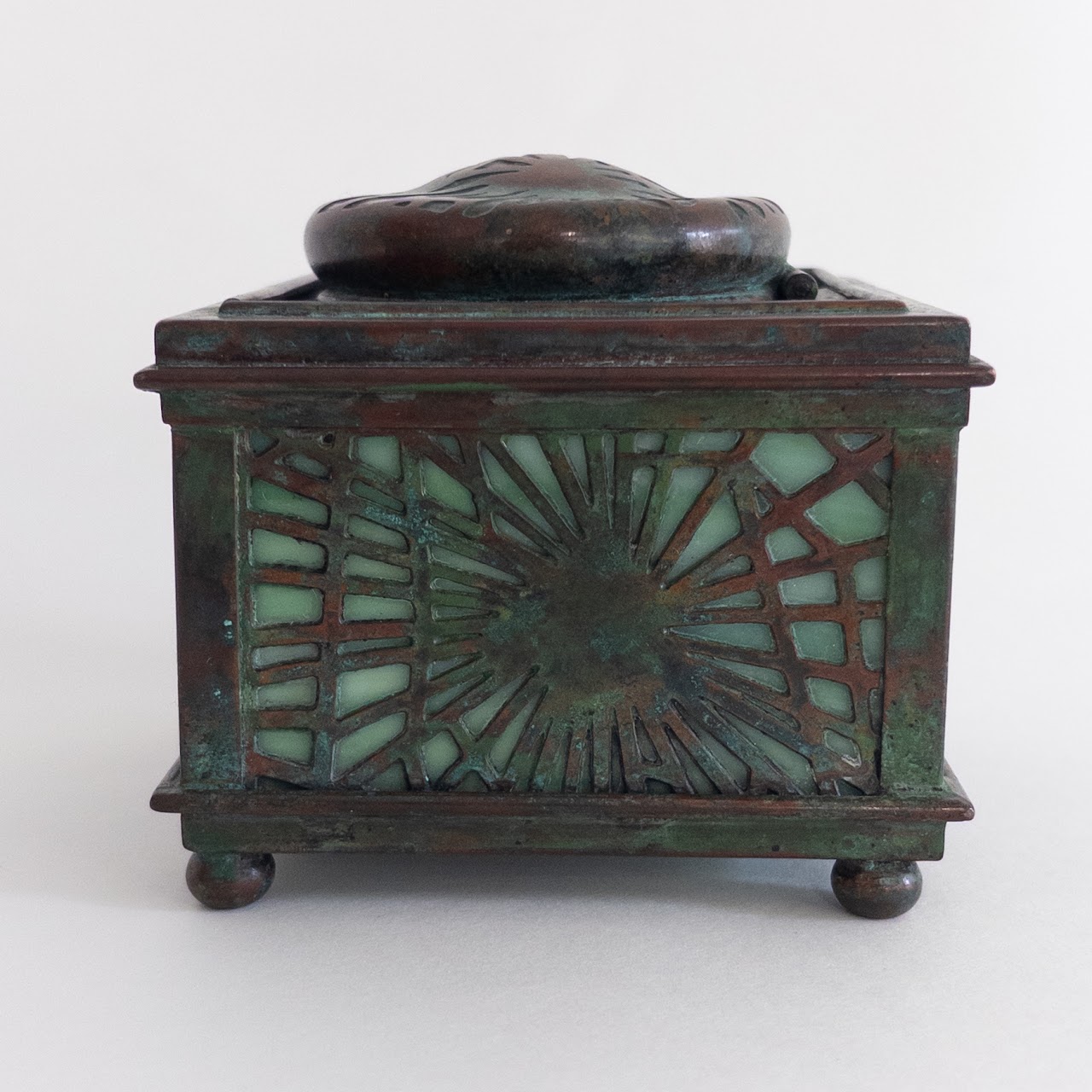 Tiffany Studios Antique Number 845 Pine Needle Bronze  Favrile Glass Inkwell