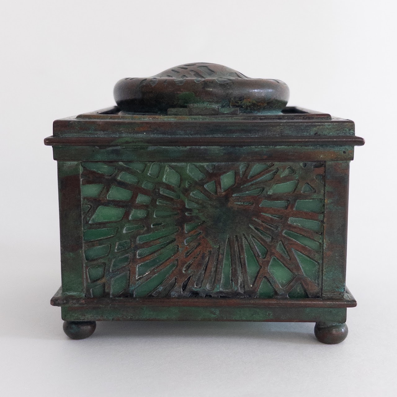 Tiffany Studios Antique Number 845 Pine Needle Bronze  Favrile Glass Inkwell