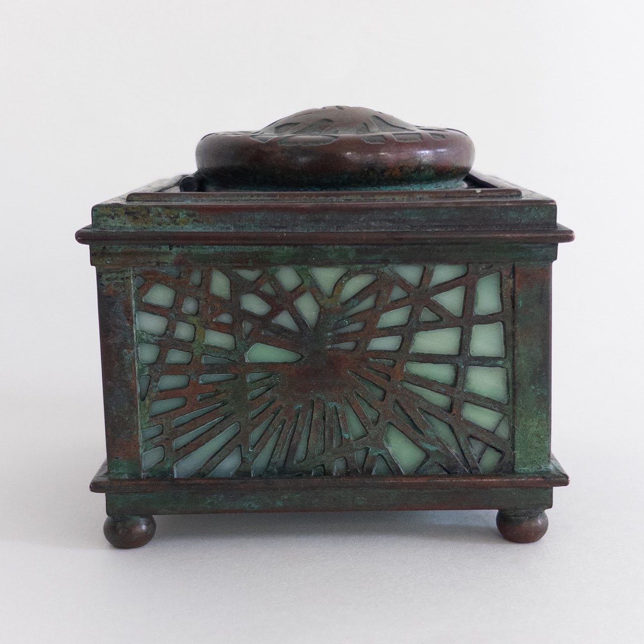 Tiffany Studios Antique Number 845 Pine Needle Bronze  Favrile Glass Inkwell