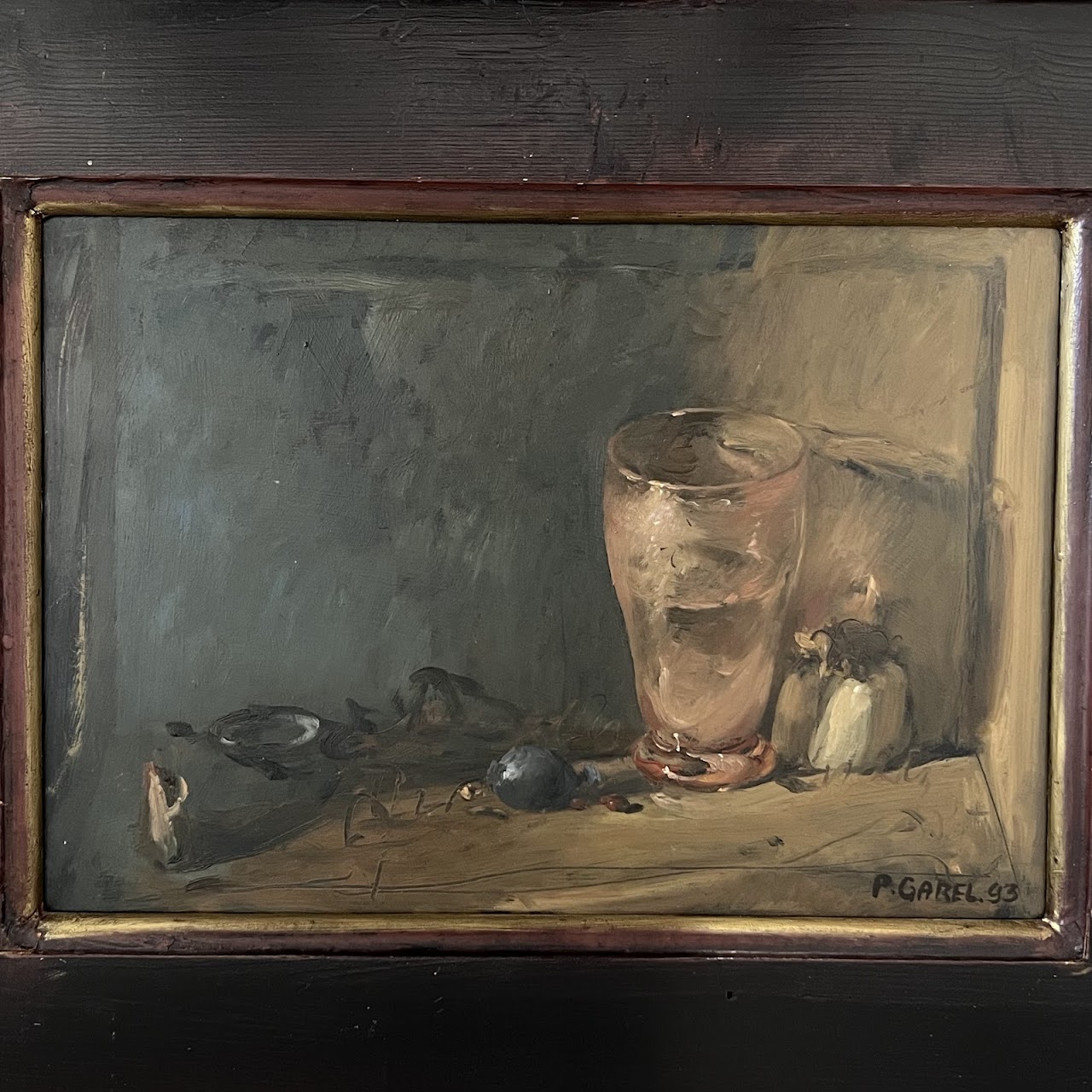 P. Garel Still Life with Pilsner and Garlic Signed Oil Painting