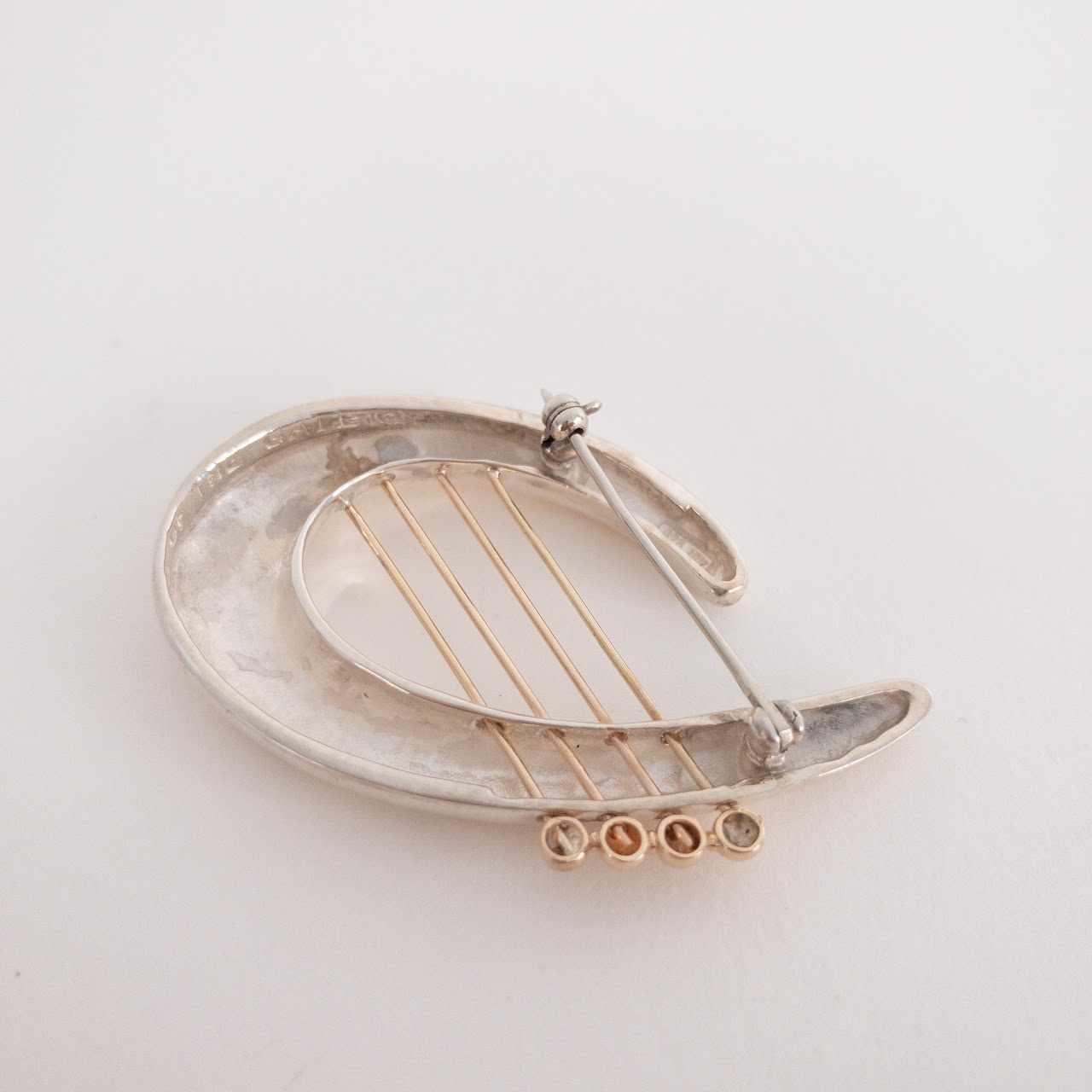 14K Gold & Sterling Silver Lyre Brooch