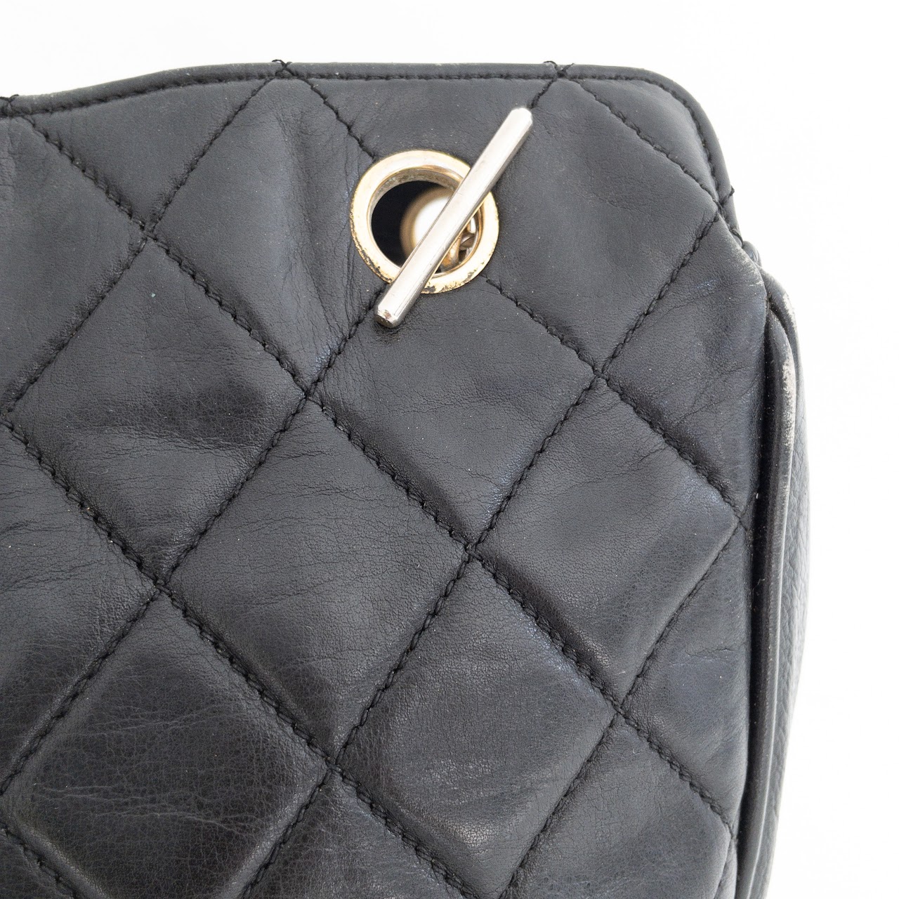 Chanel Quilted Metallic Silver Bowling Bag with Front Pocket