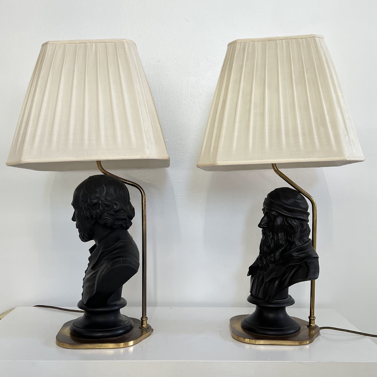 Wedgwood Black Basalt Ceramic Antique Aristotle & Shakespeare Bust Lamp Pair