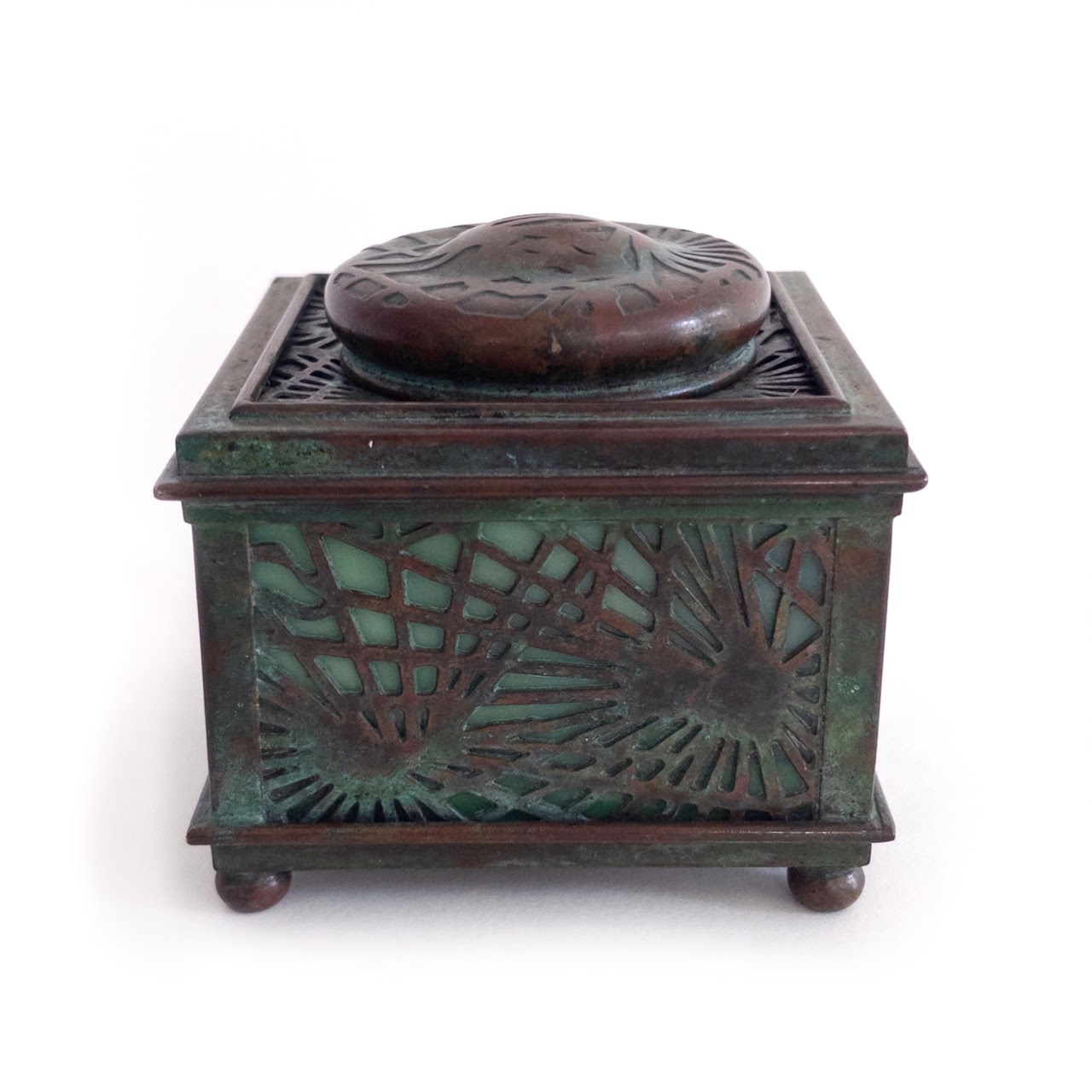 Tiffany Studios Antique Number 845 Pine Needle Bronze  Favrile Glass Inkwell