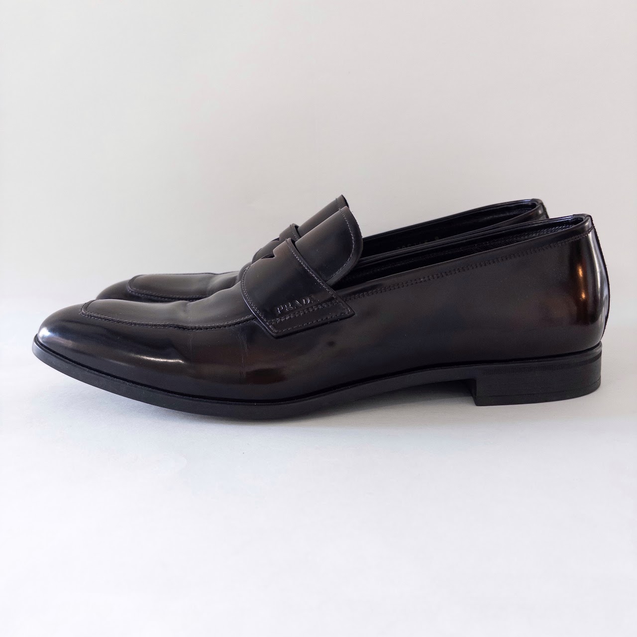 Prada Dark Brown Polished Leather Penny Loafers