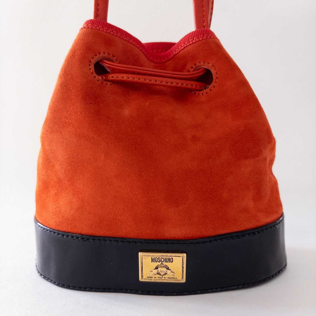 Moschino Redwall Suede and Patent Leather Mini Bucket Bag