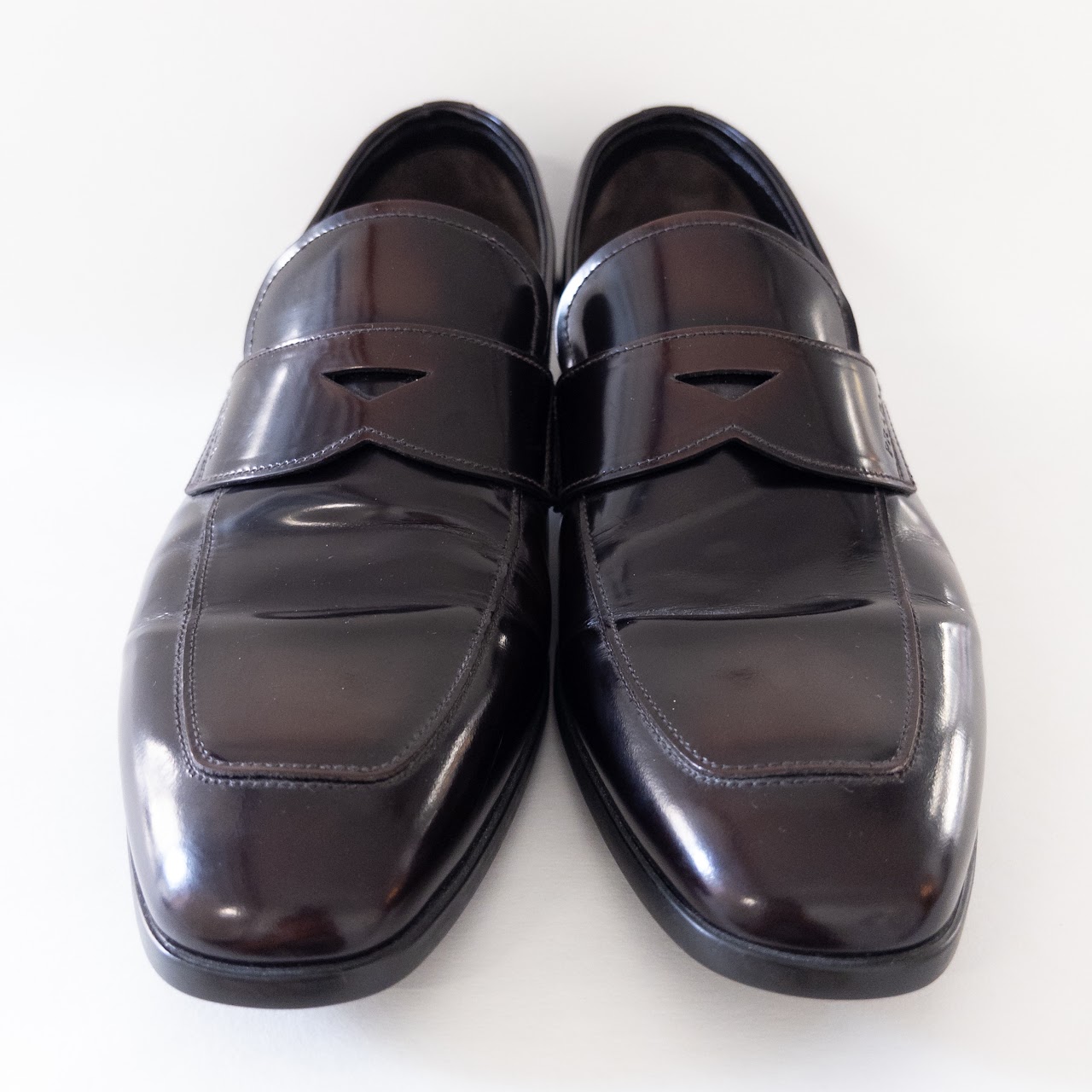 Prada Dark Brown Polished Leather Penny Loafers