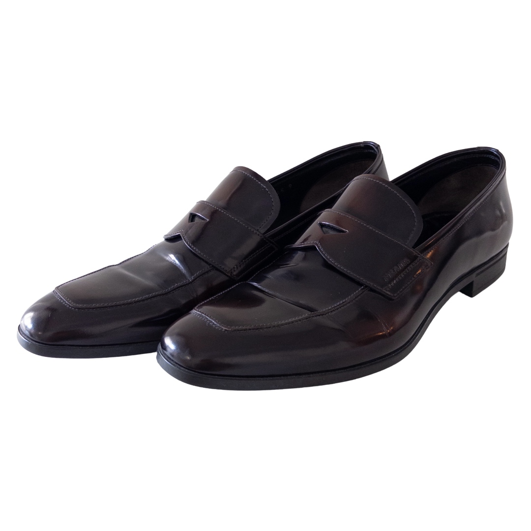 Prada Dark Brown Polished Leather Penny Loafers