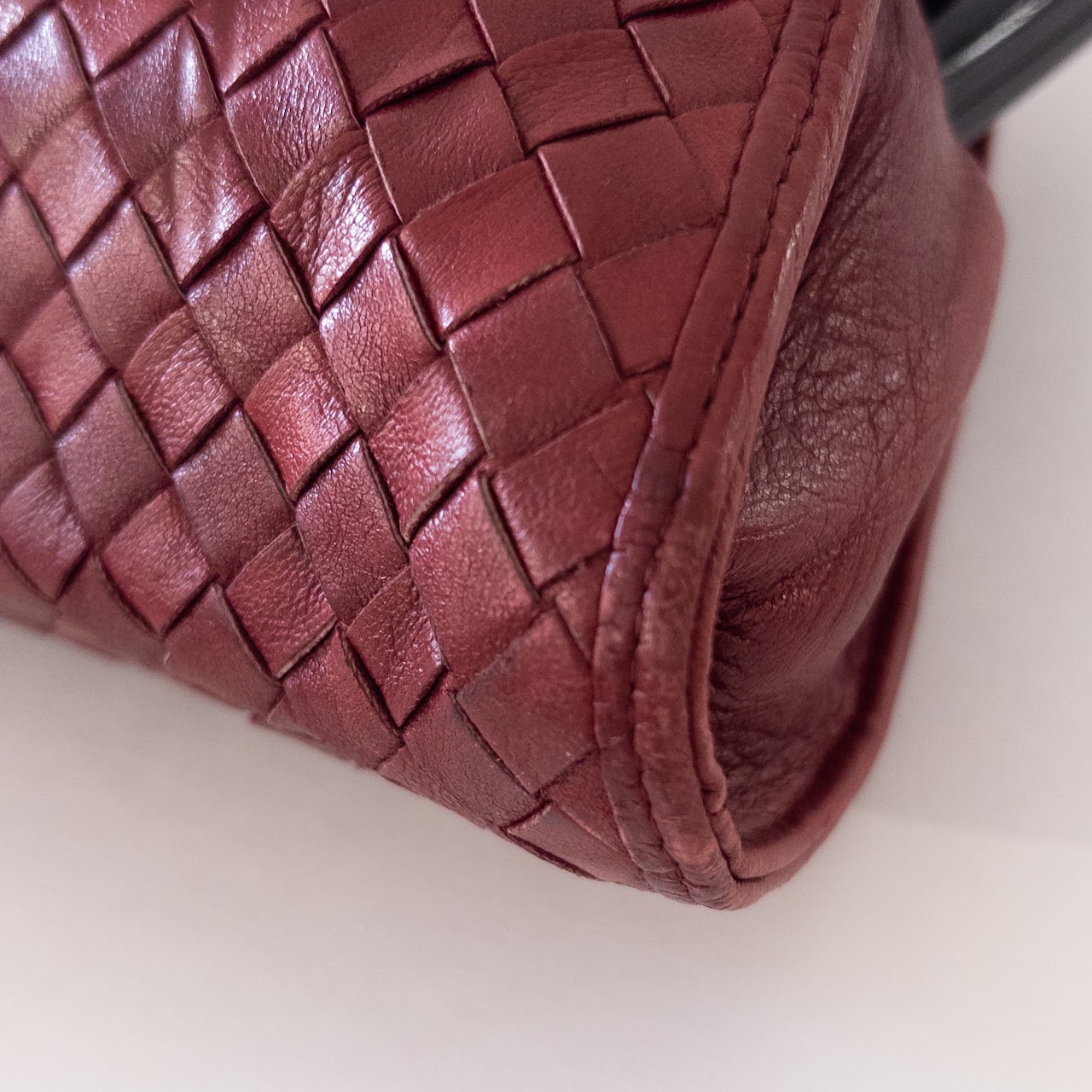 Bottega Veneta Vintage Woven Burgundy Leather Frame Clutch