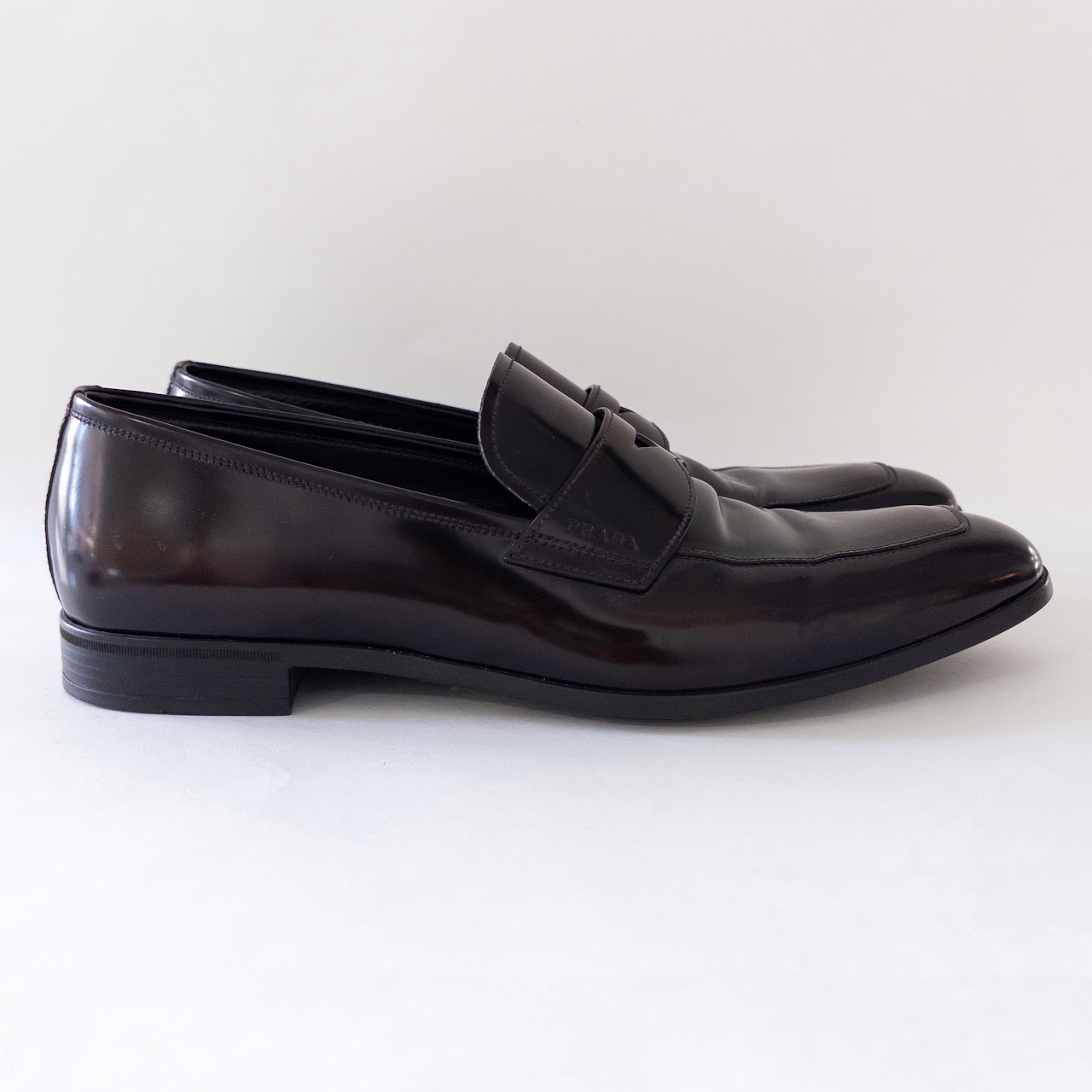 Prada Dark Brown Polished Leather Penny Loafers