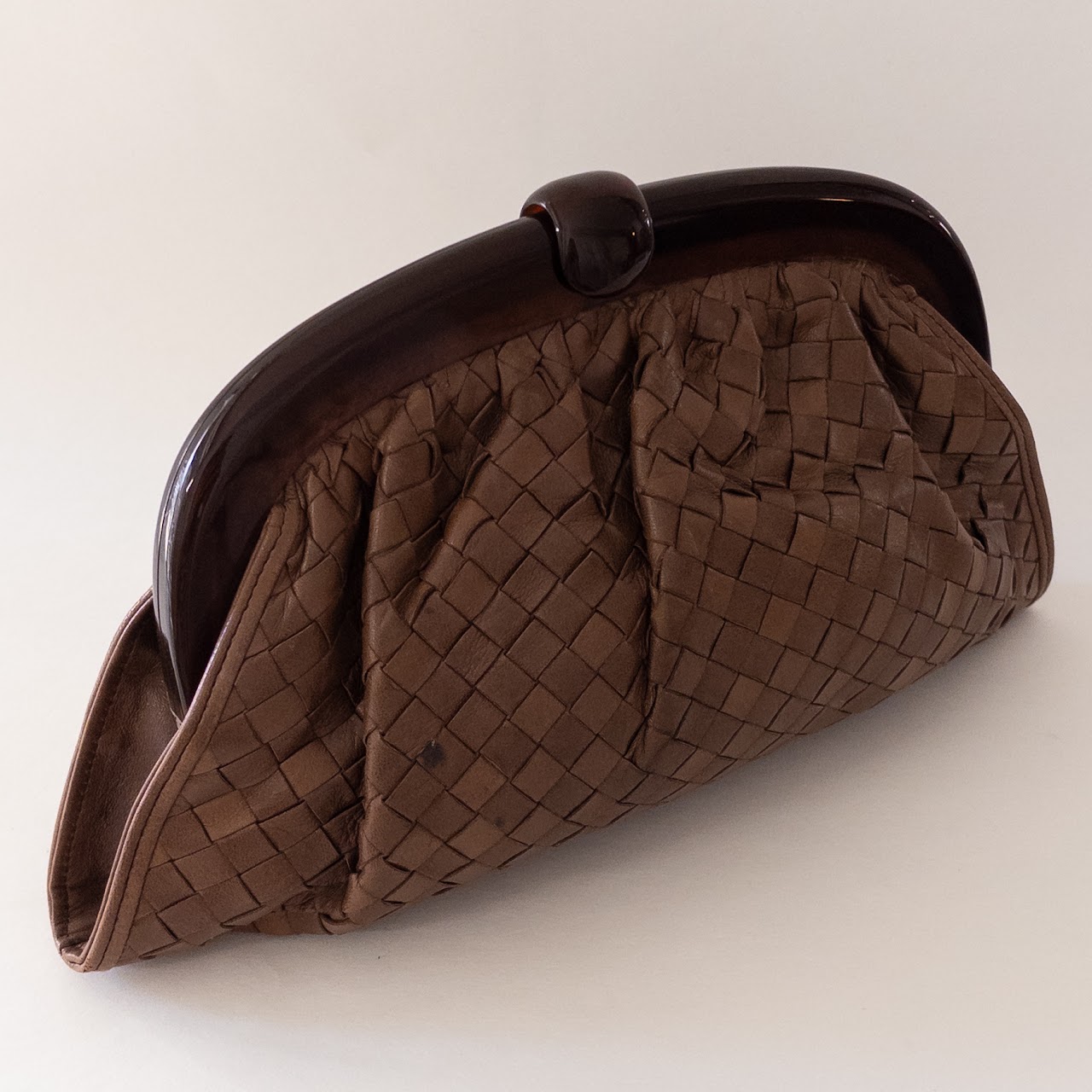 Bottega Veneta Vintage Woven Chestnut Leather Frame Clutch