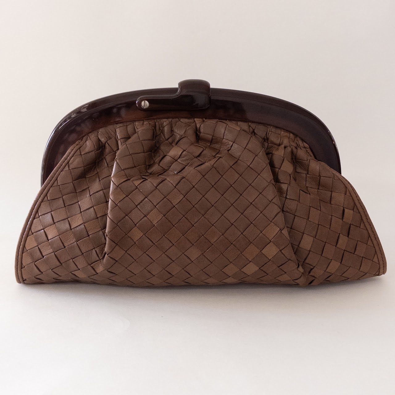 Bottega Veneta Vintage Woven Chestnut Leather Frame Clutch