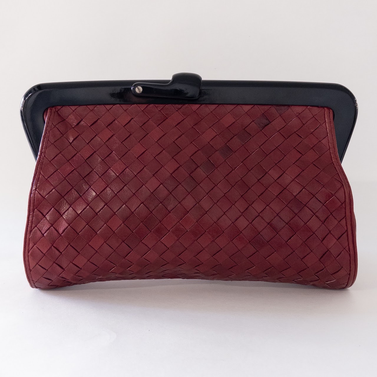 Bottega Veneta Vintage Woven Burgundy Leather Frame Clutch