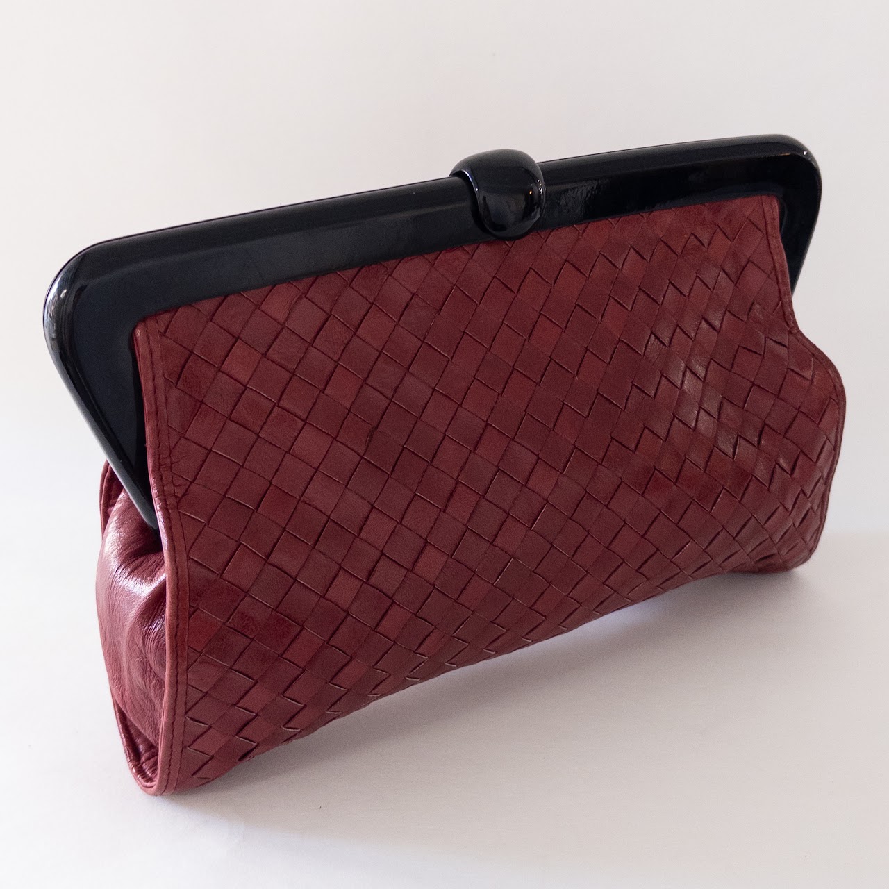 Bottega Veneta Vintage Woven Burgundy Leather Frame Clutch