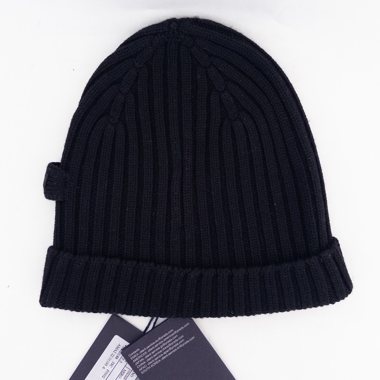 Prada NEW Black Ribbed Wool Beanie Hat