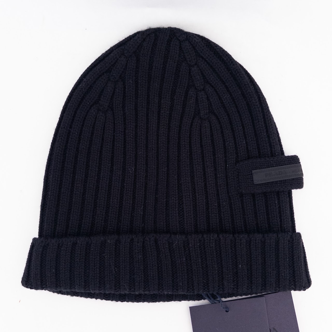 Prada NEW Black Ribbed Wool Beanie Hat