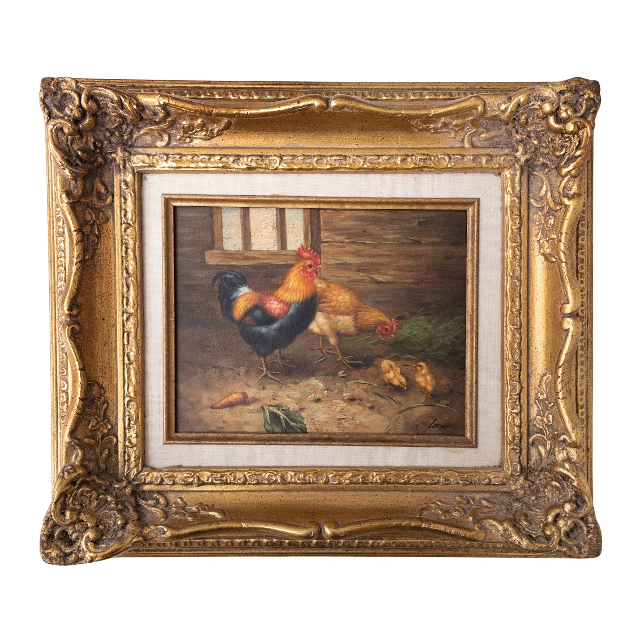 Chicken Family Signed Oil Painting