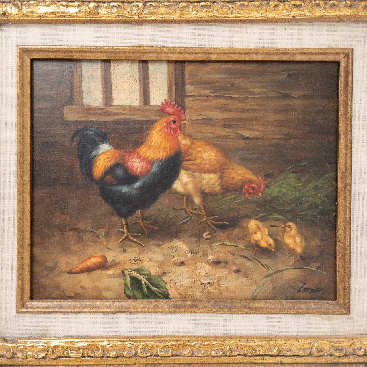 Chicken Family Signed Oil Painting