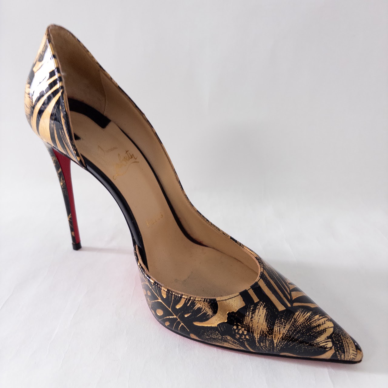 Christian Louboutin Patent Leather Hibiscus Lamé Pumps