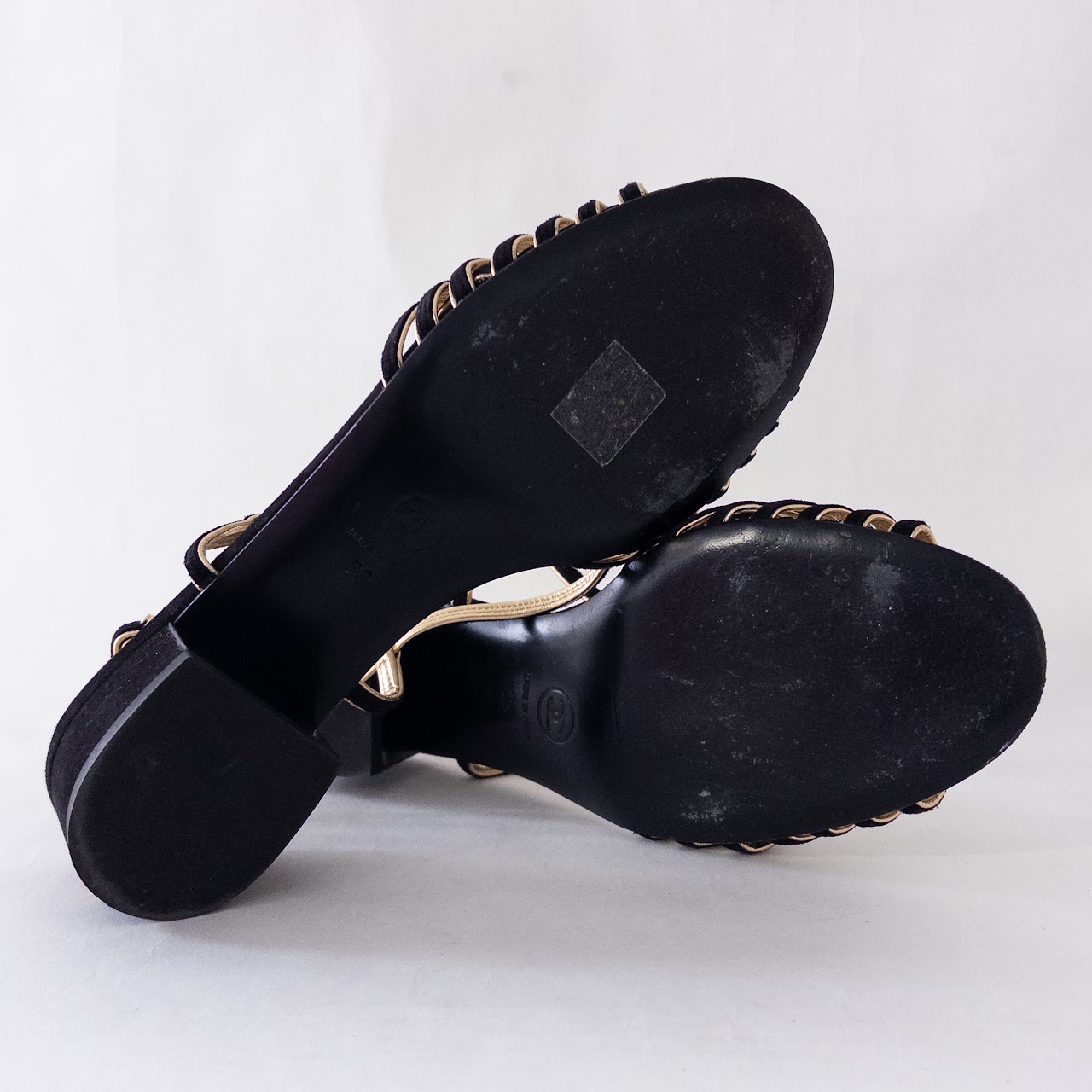 Chanel Black Suede and Metallic Gold Leather Sandals