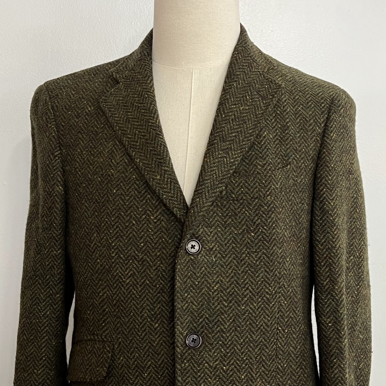 Etro Olive Green Wool Melange Herringbone Tweed Blazer