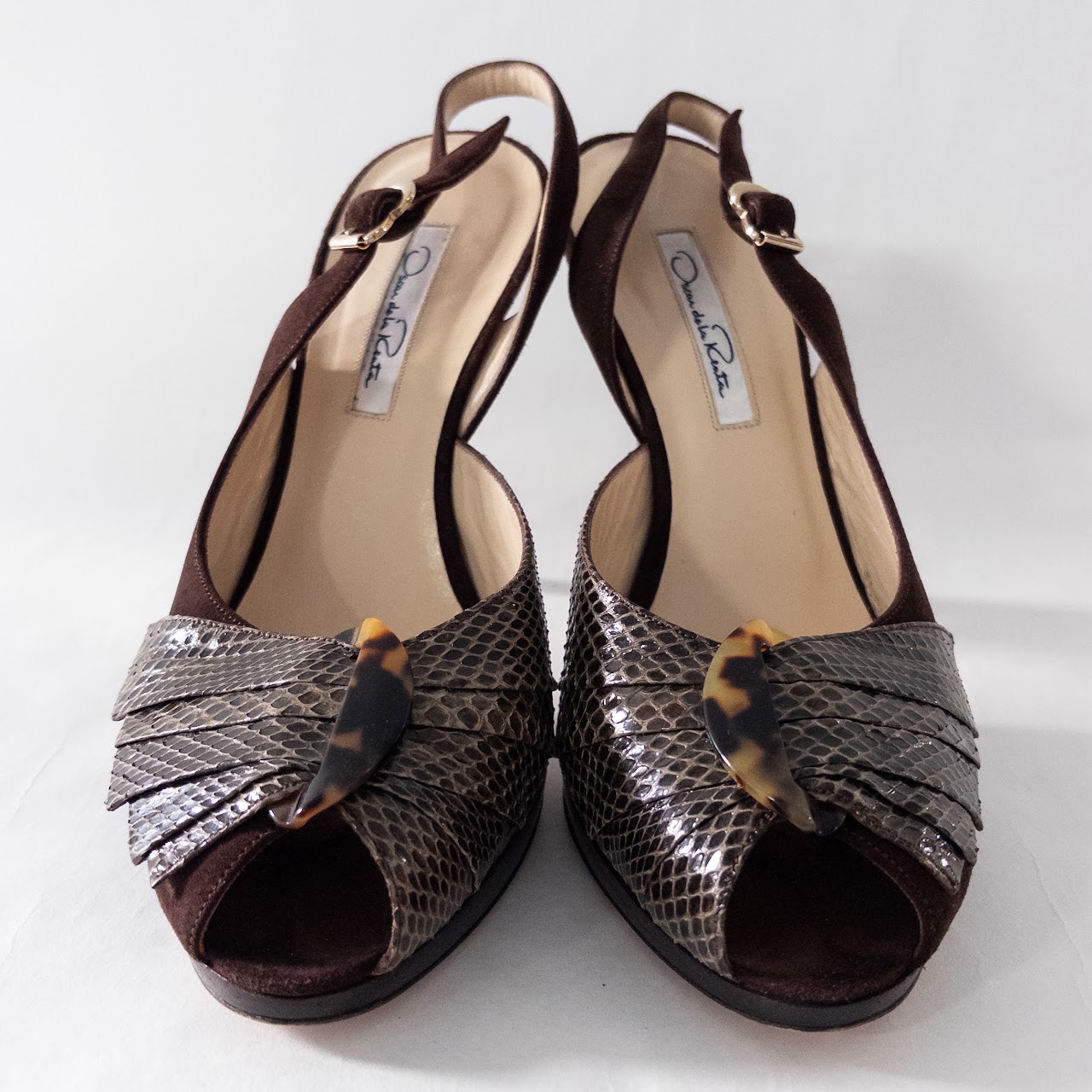 Oscar de la Renta Suede, Snakeskin and Faux Tortoiseshell Slingback Pumps