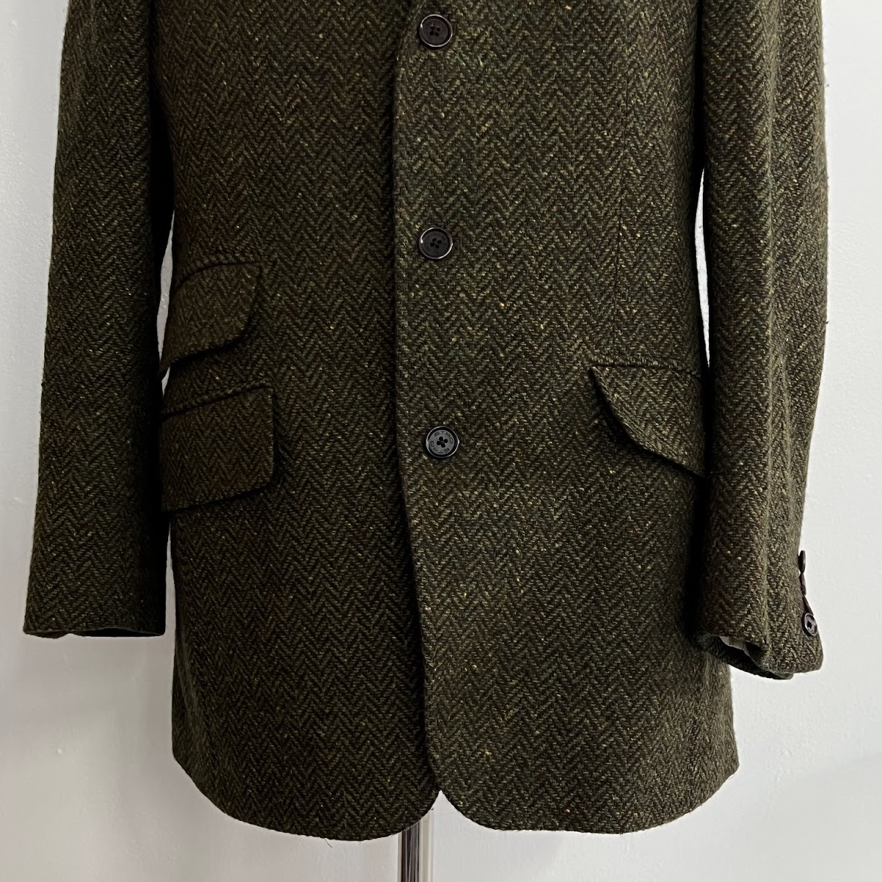 Etro Olive Green Wool Melange Herringbone Tweed Blazer