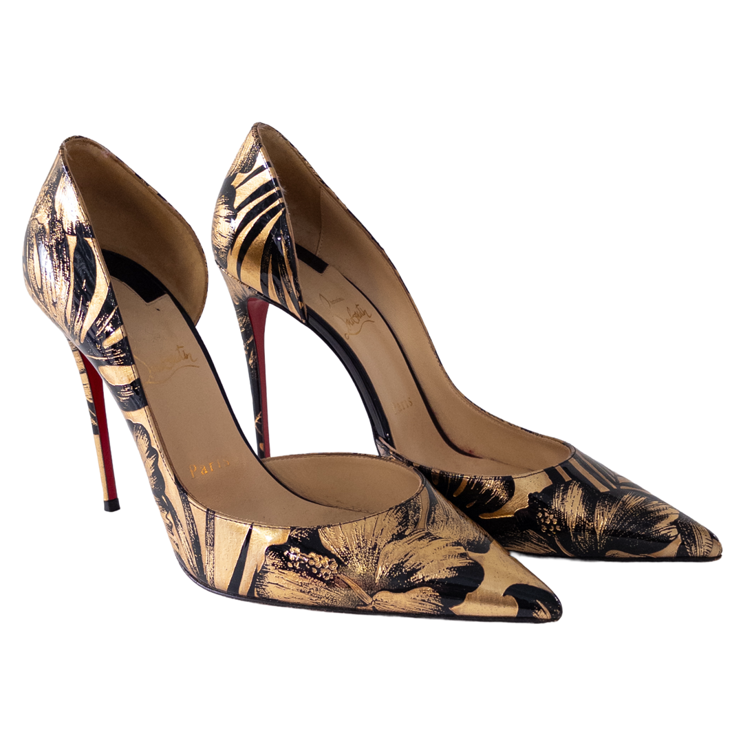 Christian Louboutin Patent Leather Hibiscus Lamé Pumps