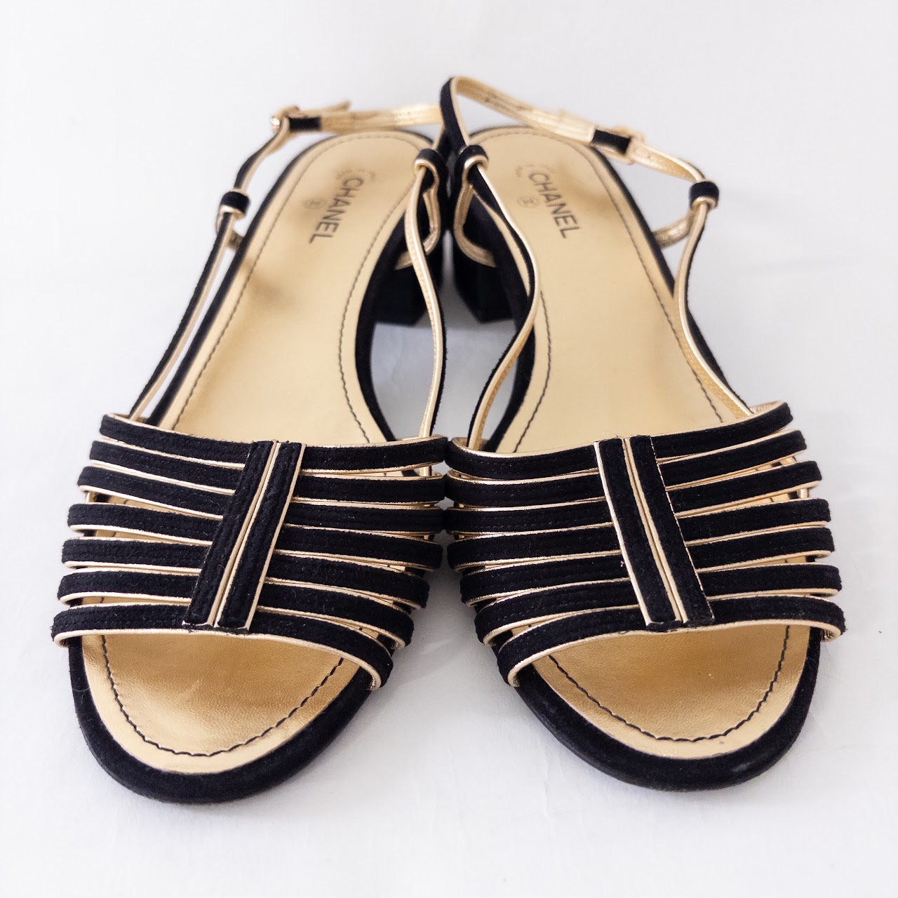 Chanel Black Suede and Metallic Gold Leather Sandals