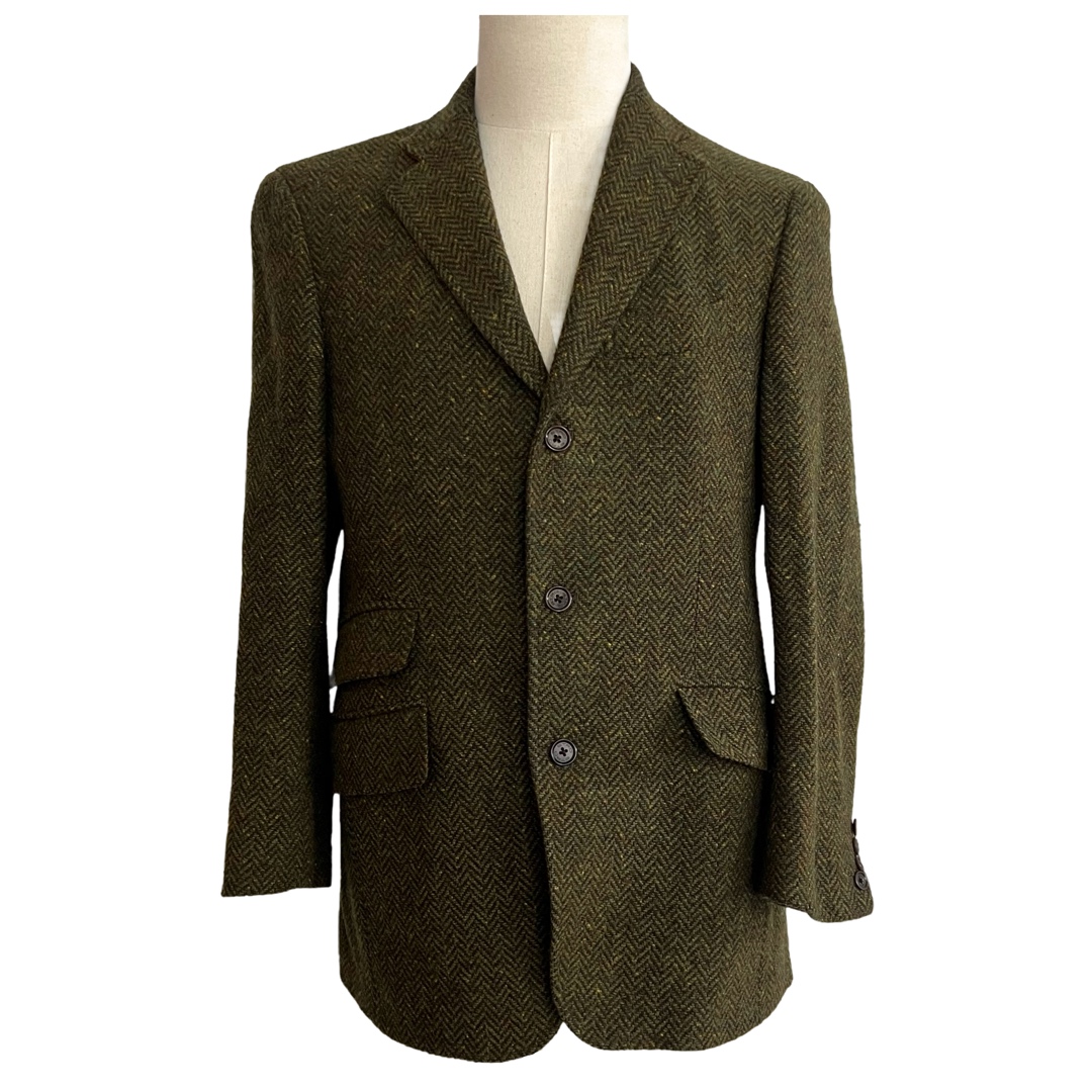 Etro Olive Green Wool Melange Herringbone Tweed Blazer