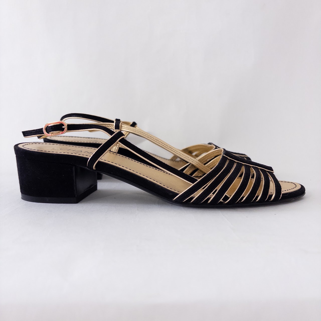 Chanel Black Suede and Metallic Gold Leather Sandals