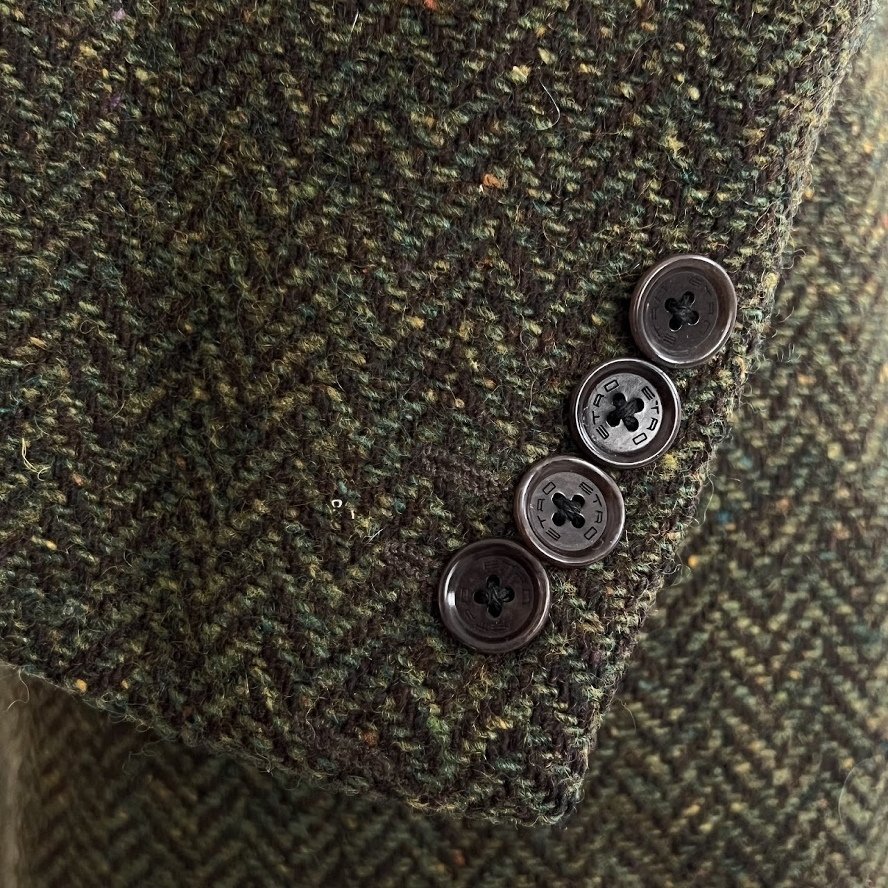 Etro Olive Green Wool Melange Herringbone Tweed Blazer