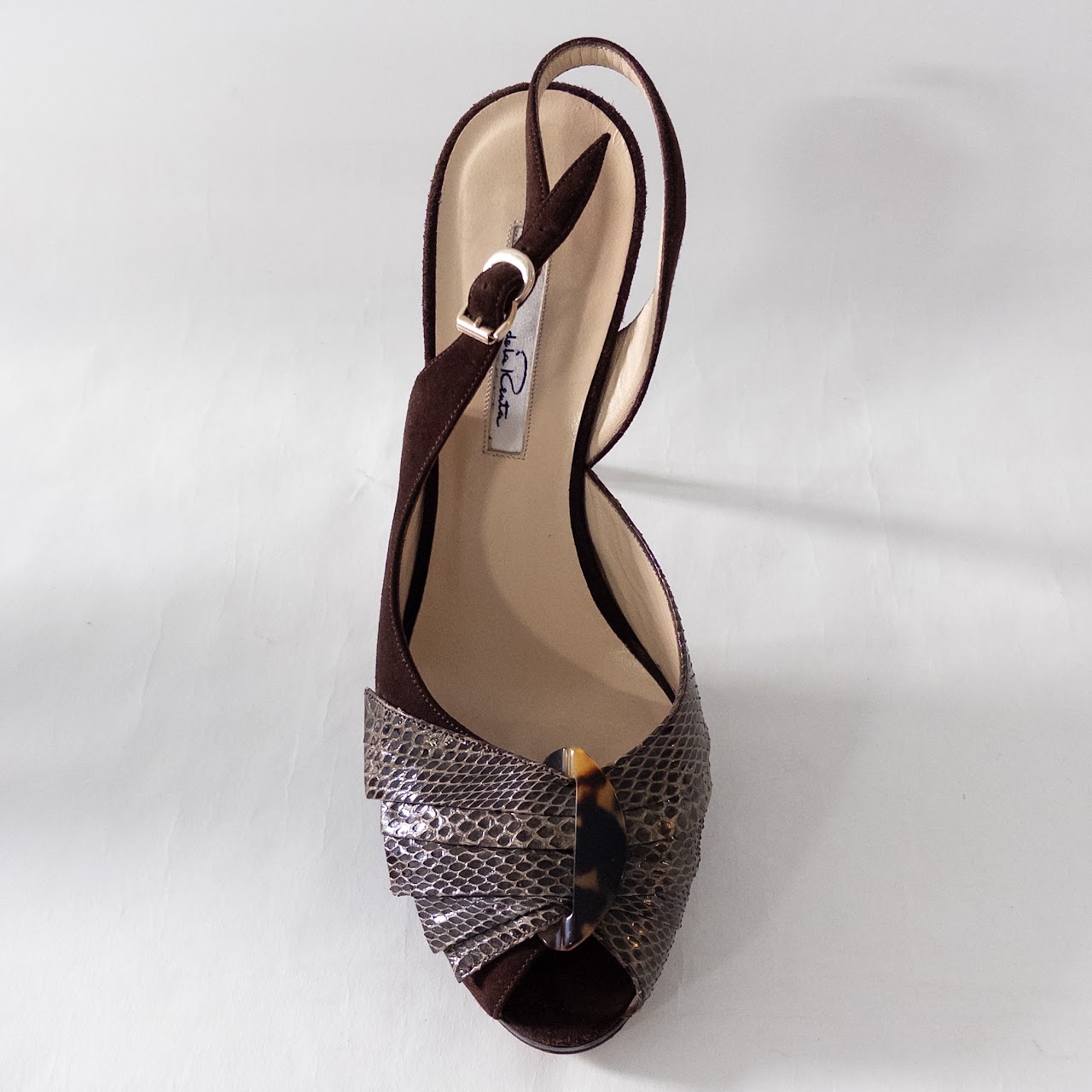 Oscar de la Renta Suede, Snakeskin and Faux Tortoiseshell Slingback Pumps