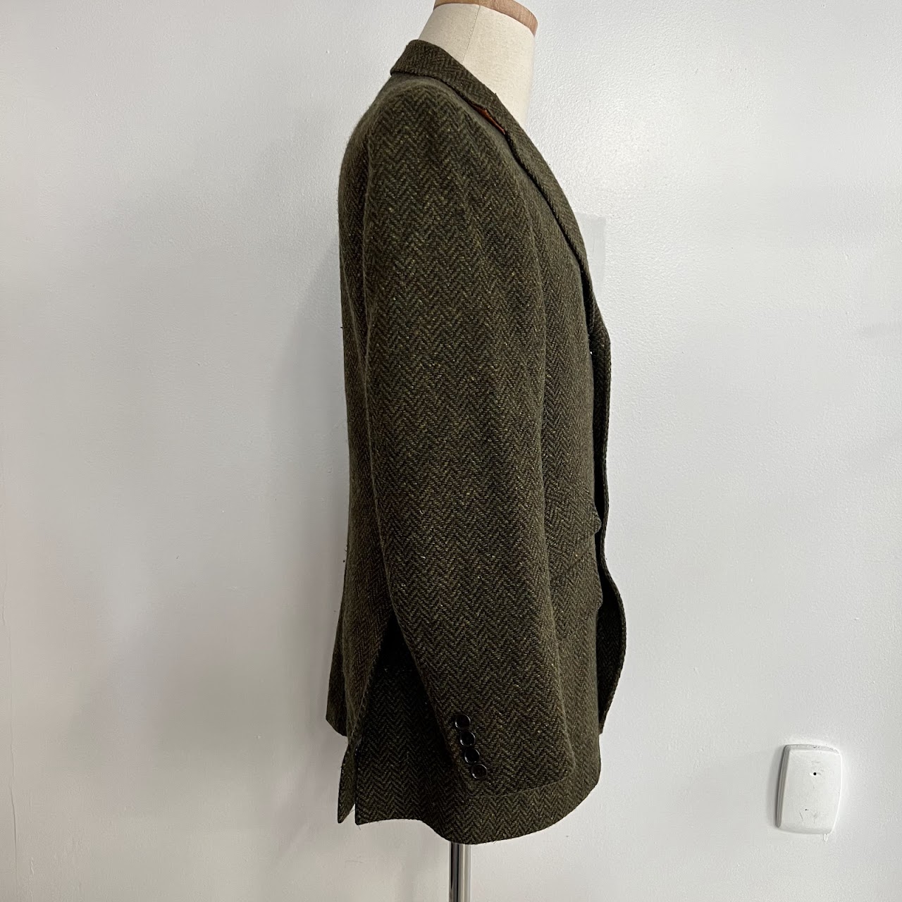 Etro Olive Green Wool Melange Herringbone Tweed Blazer