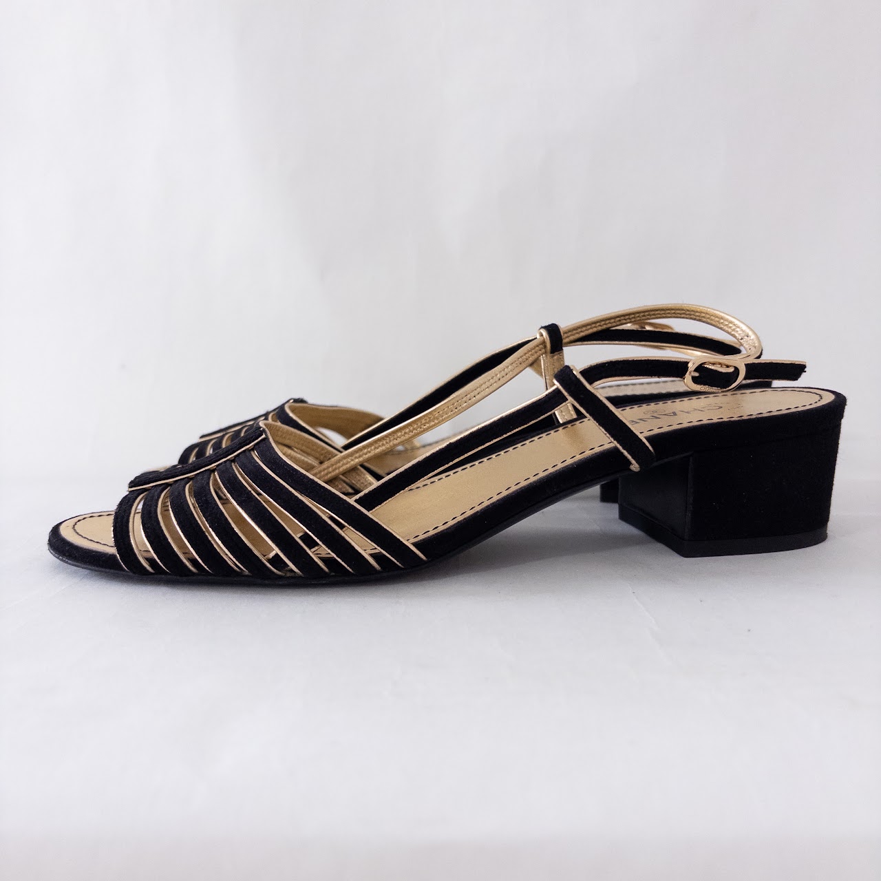 Chanel Black Suede and Metallic Gold Leather Sandals