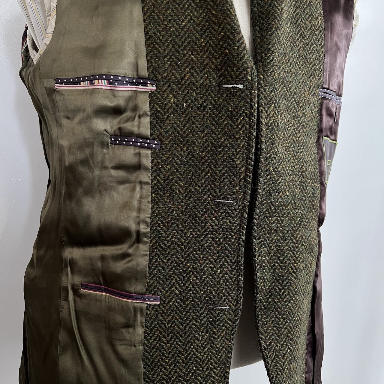 Etro Olive Green Wool Melange Herringbone Tweed Blazer