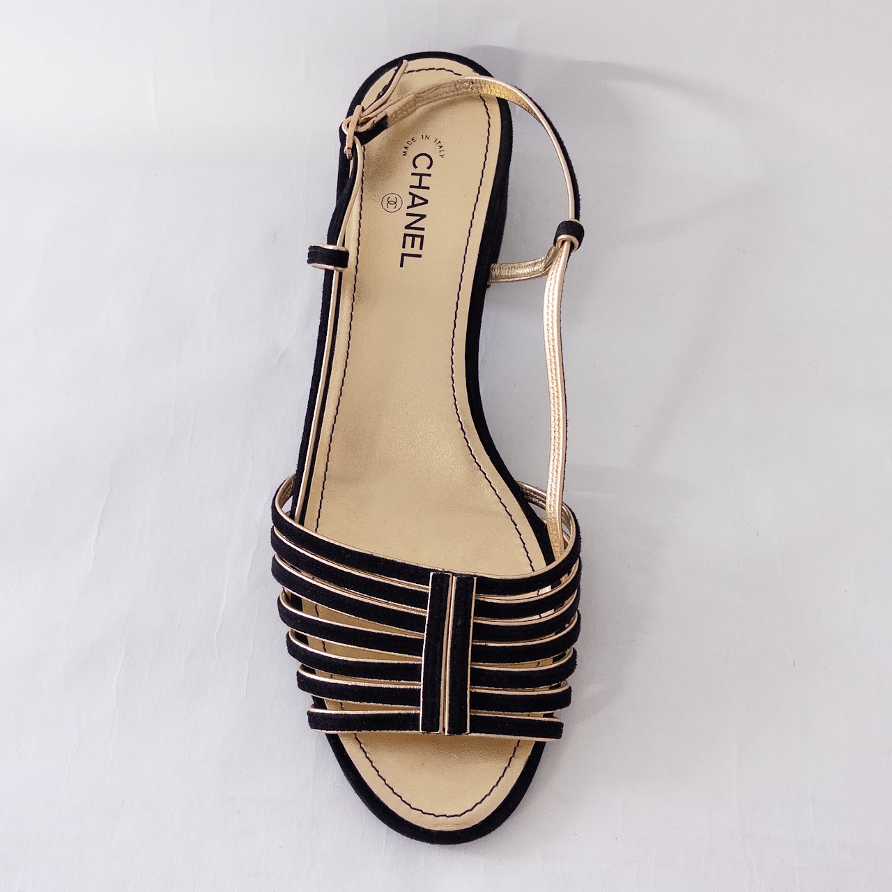 Chanel Black Suede and Metallic Gold Leather Sandals