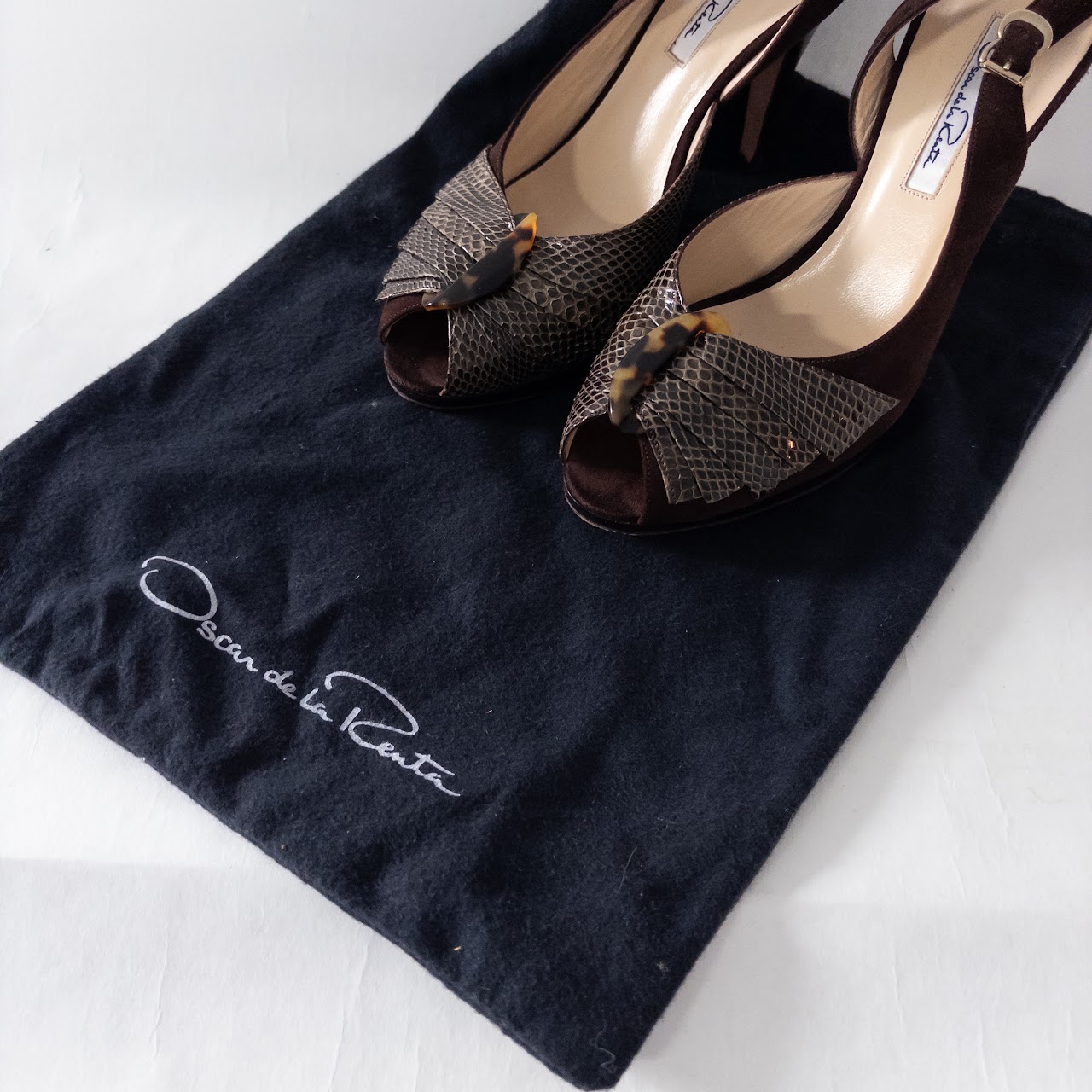 Oscar de la Renta Suede, Snakeskin and Faux Tortoiseshell Slingback Pumps