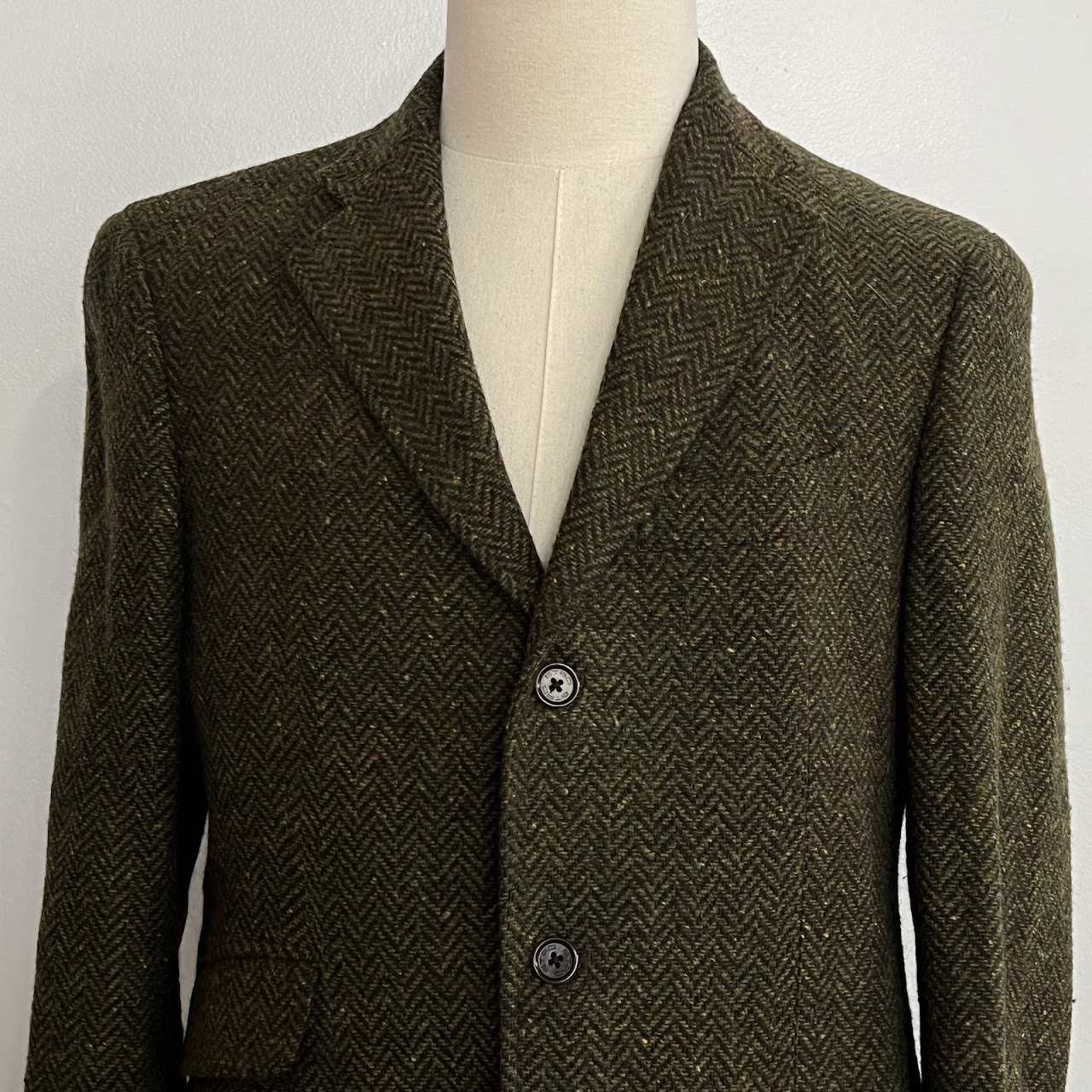 Etro Olive Green Wool Melange Herringbone Tweed Blazer