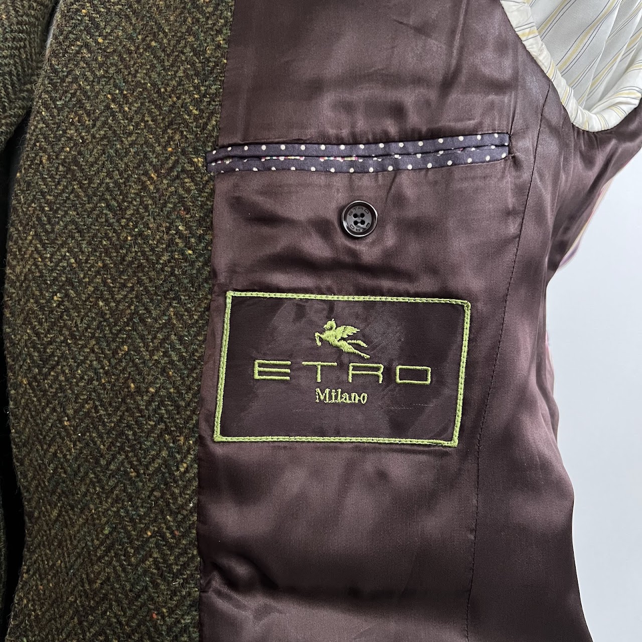 Etro Olive Green Wool Melange Herringbone Tweed Blazer