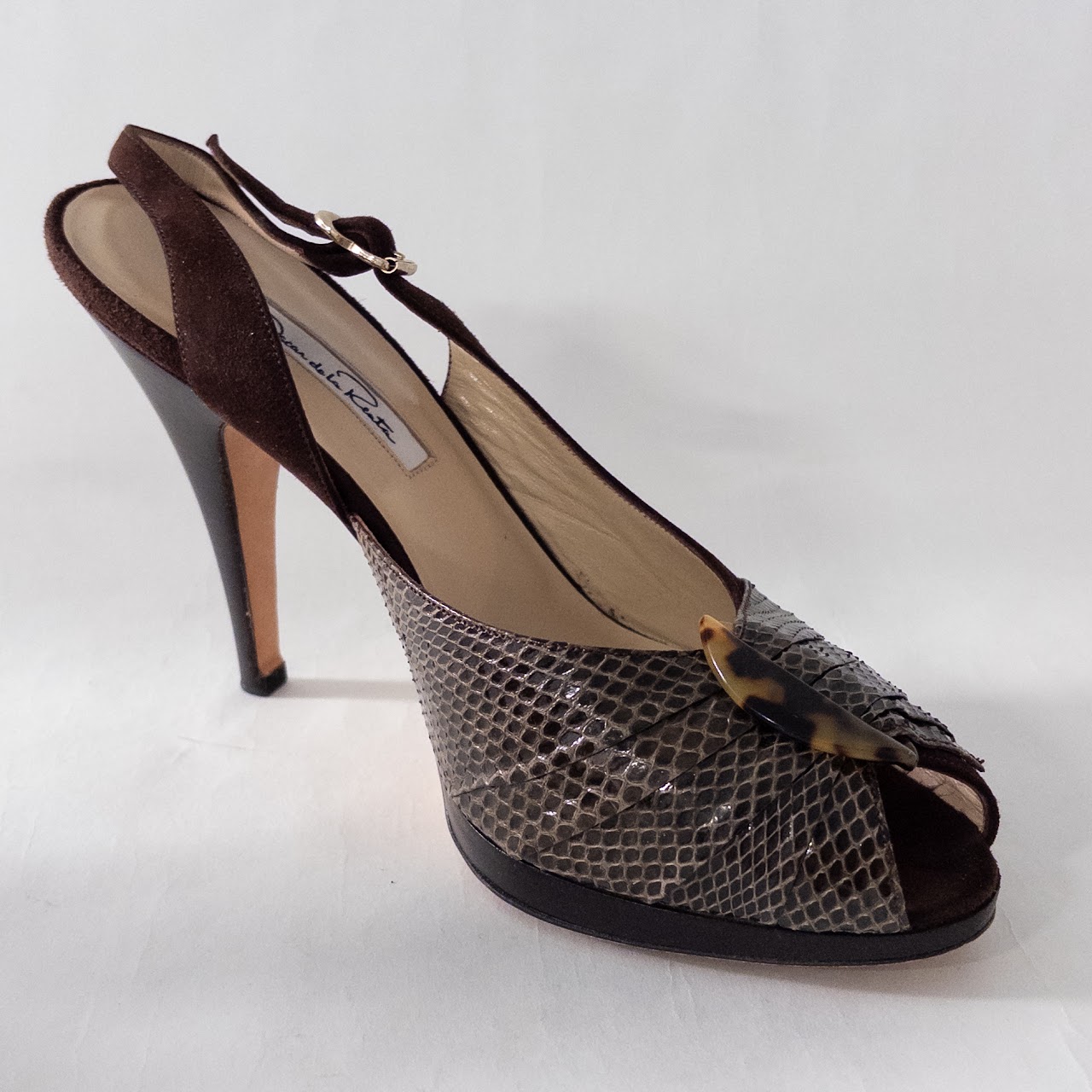 Oscar de la Renta Suede, Snakeskin and Faux Tortoiseshell Slingback Pumps