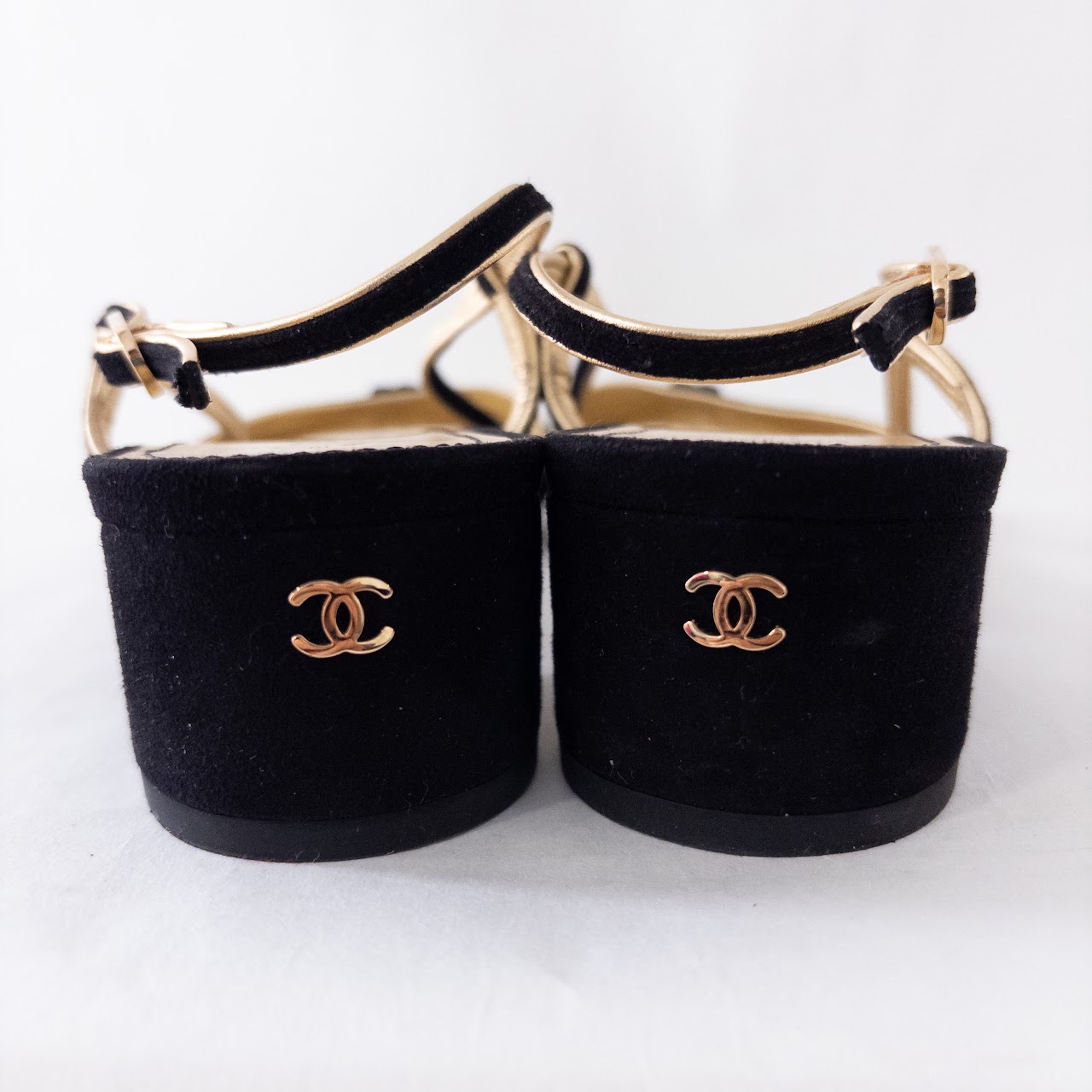 Chanel Black Suede and Metallic Gold Leather Sandals