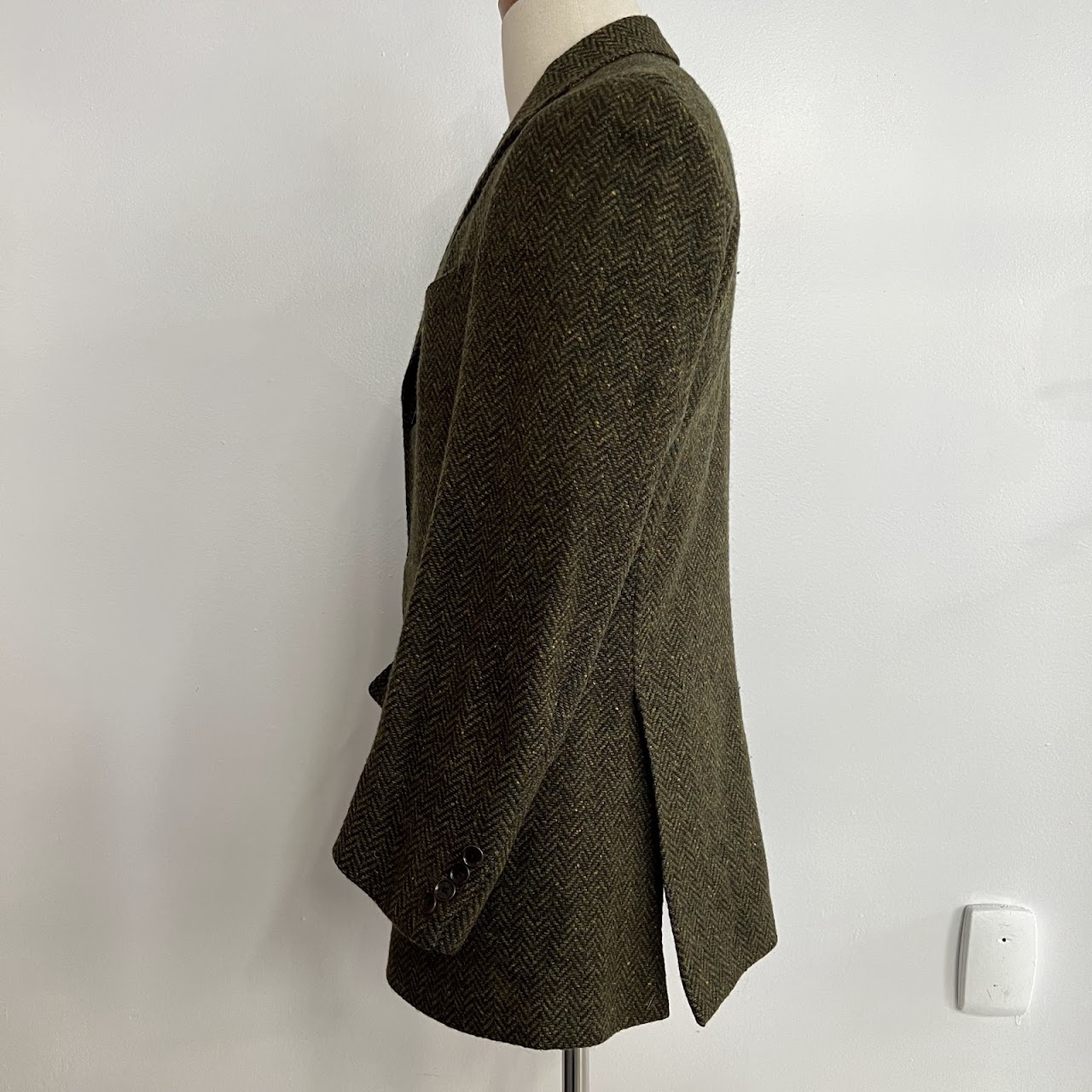 Etro Olive Green Wool Melange Herringbone Tweed Blazer