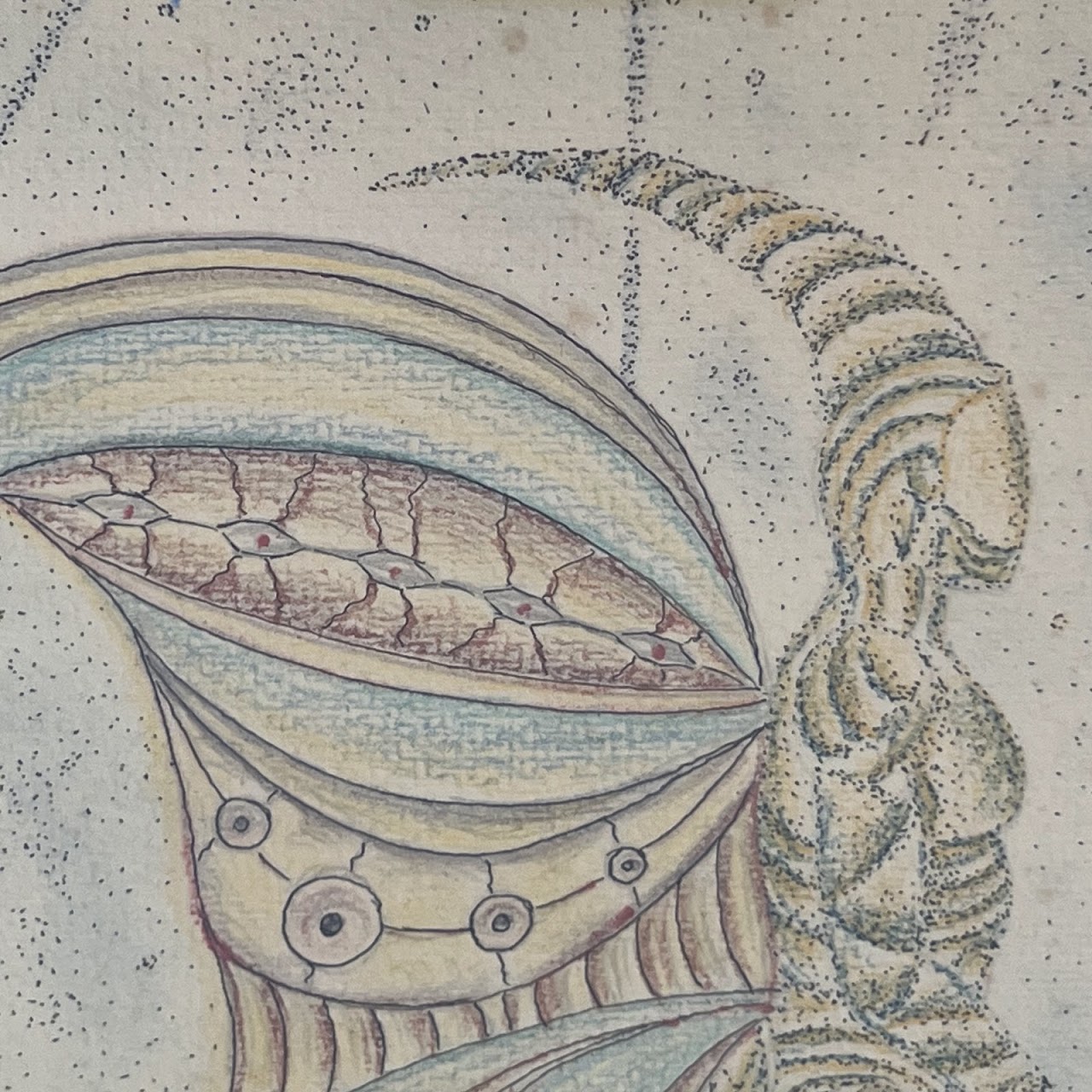 Carmine Signed Surrealist Ink, Colored Pencil and Watercolor Pointillist Drawing, 1982